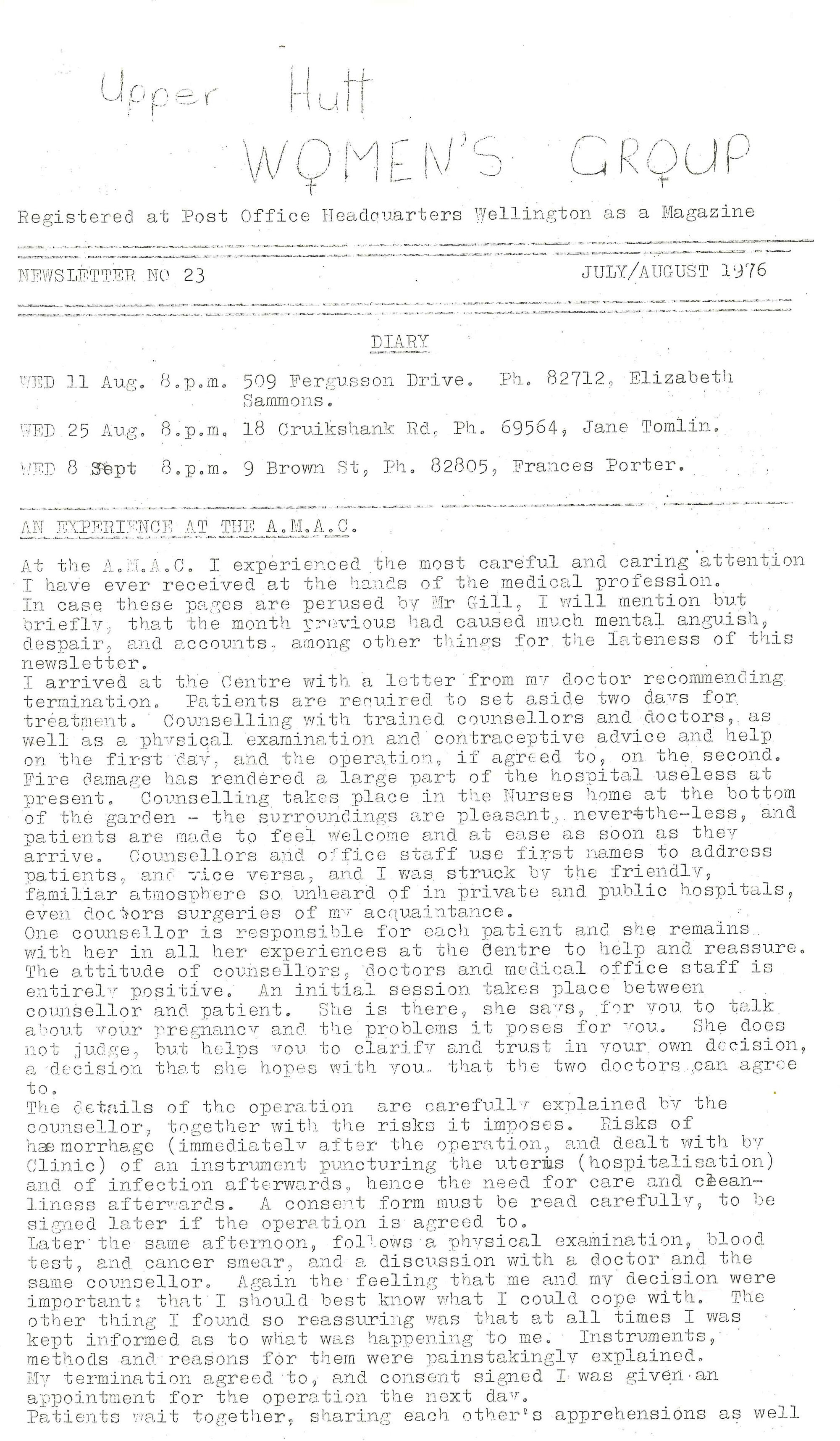 Upper Hutt Women's Group; July/August 1976; Issue 23