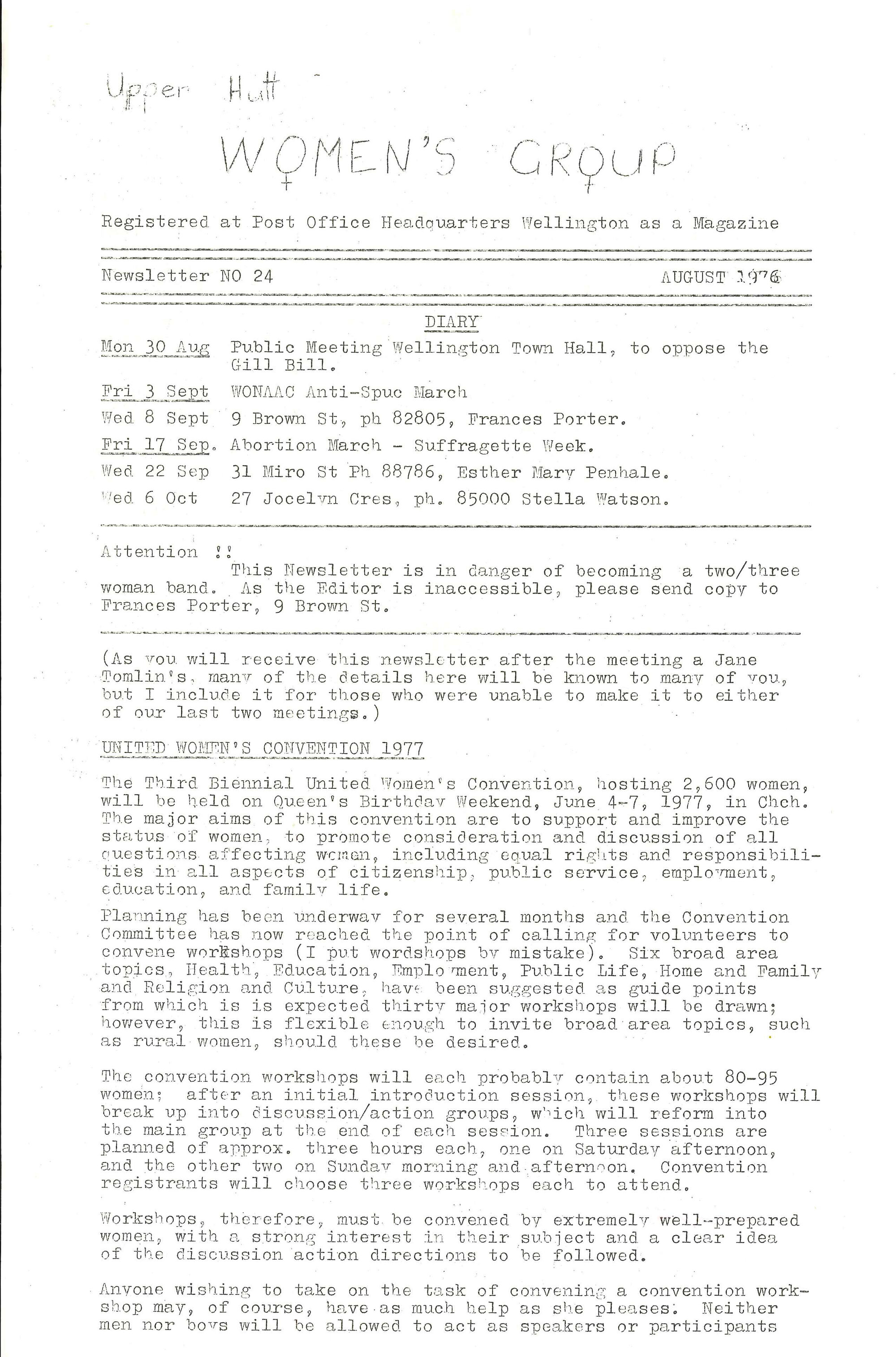 Upper Hutt Women's Group; August 1976; Issue 24