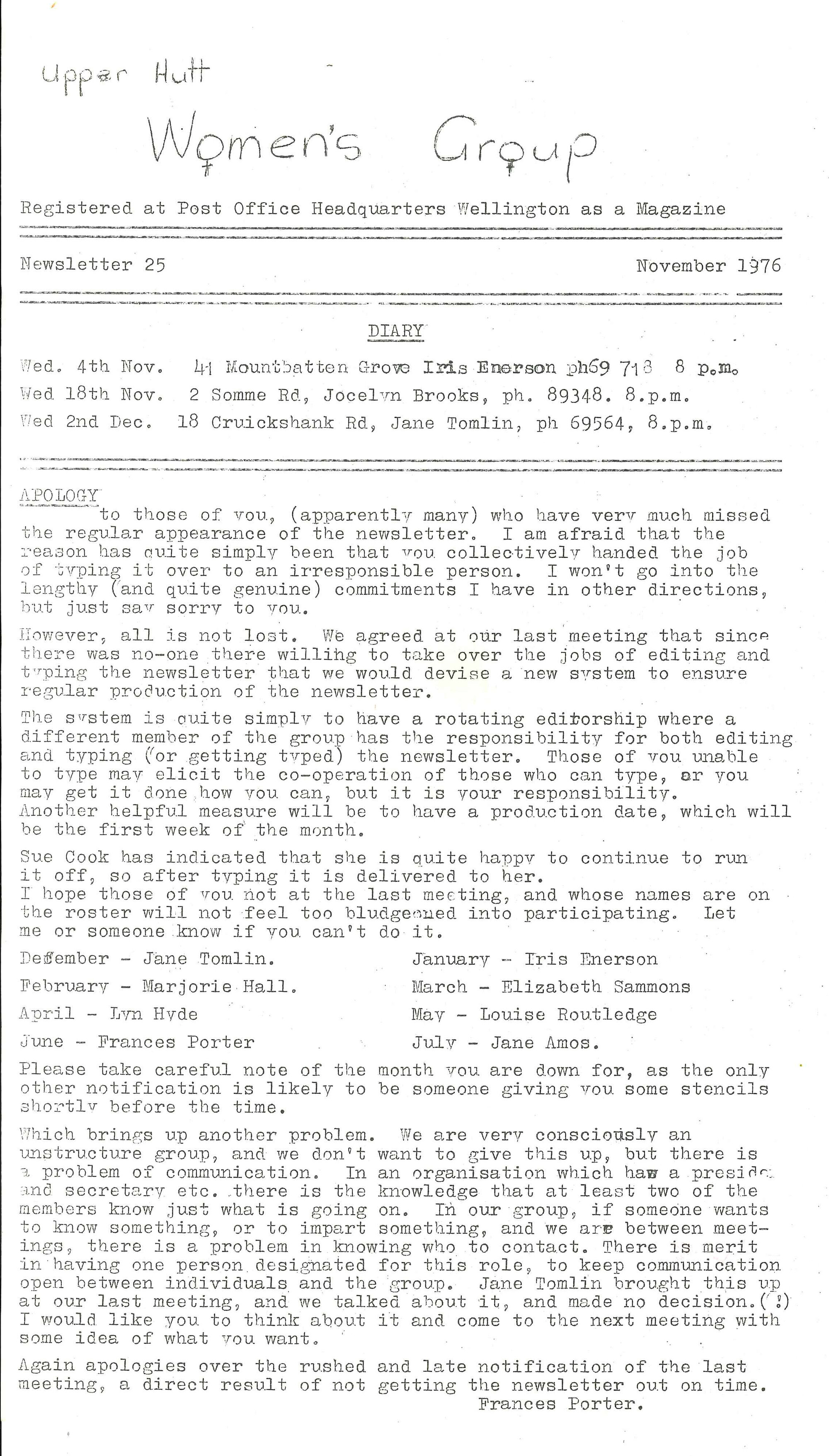 Upper Hutt Women's Group; November 1976; Issue 25