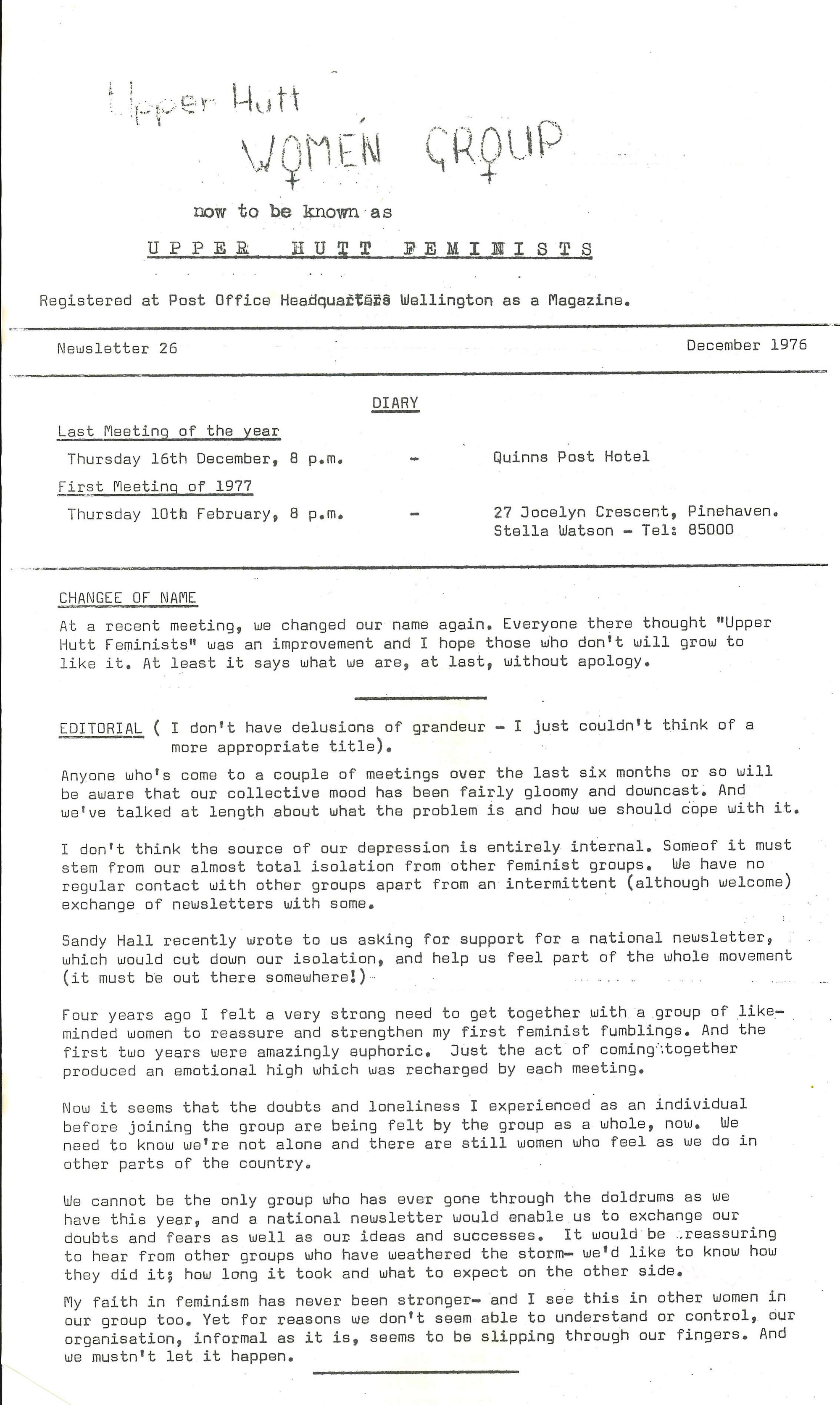 Upper Hutt Women's Group; December 1976; Issue 26