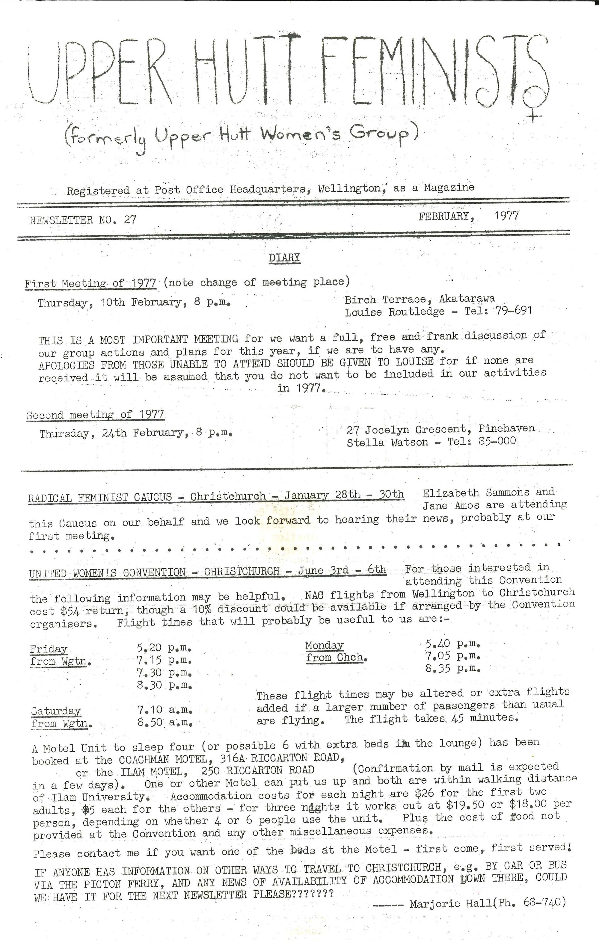 Upper Hutt Feminists; February 1977; Issue 27