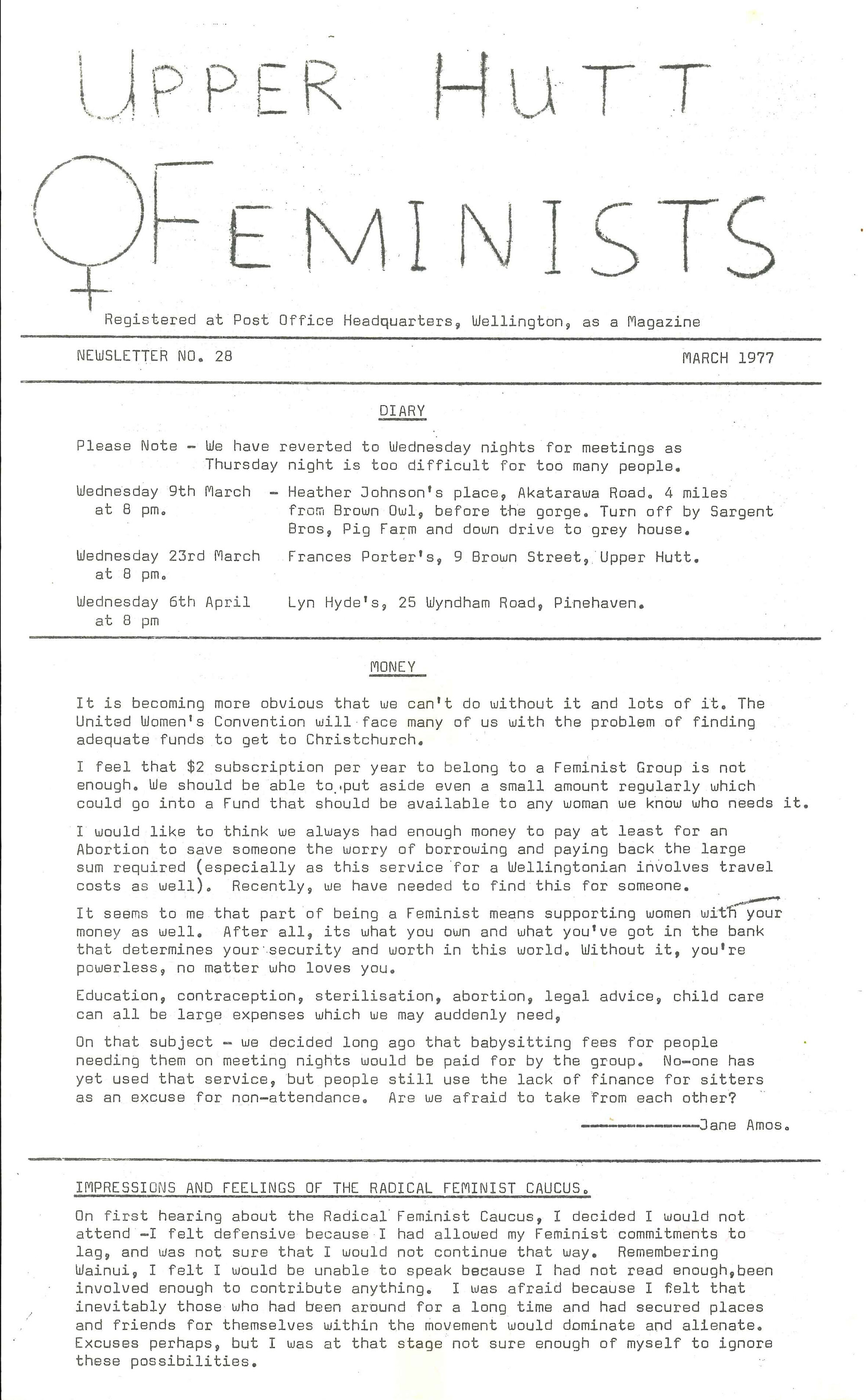 Upper Hutt Feminists; March 1977; Issue 28