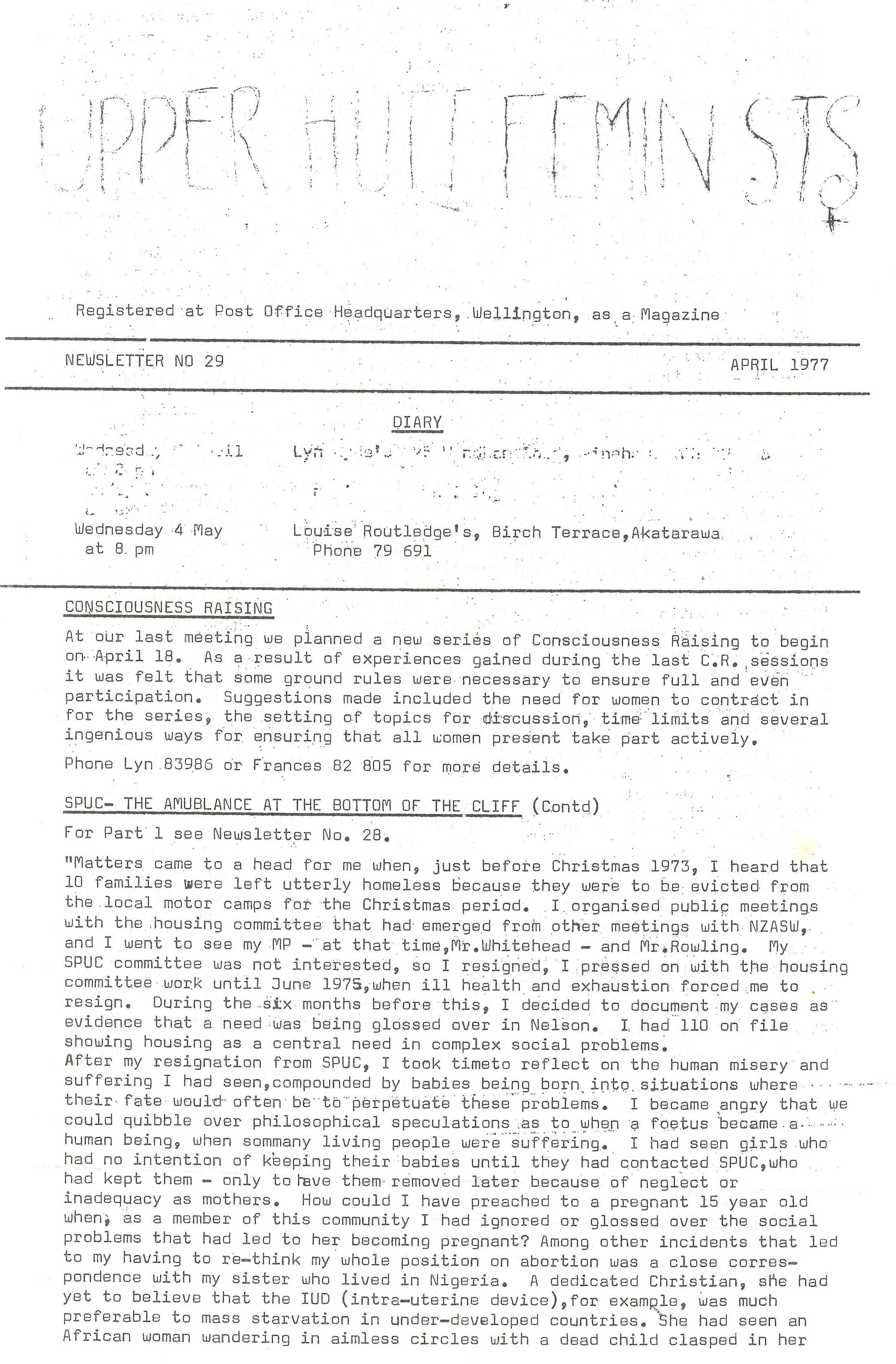 Upper Hutt Feminists; April 1977; Issue 29