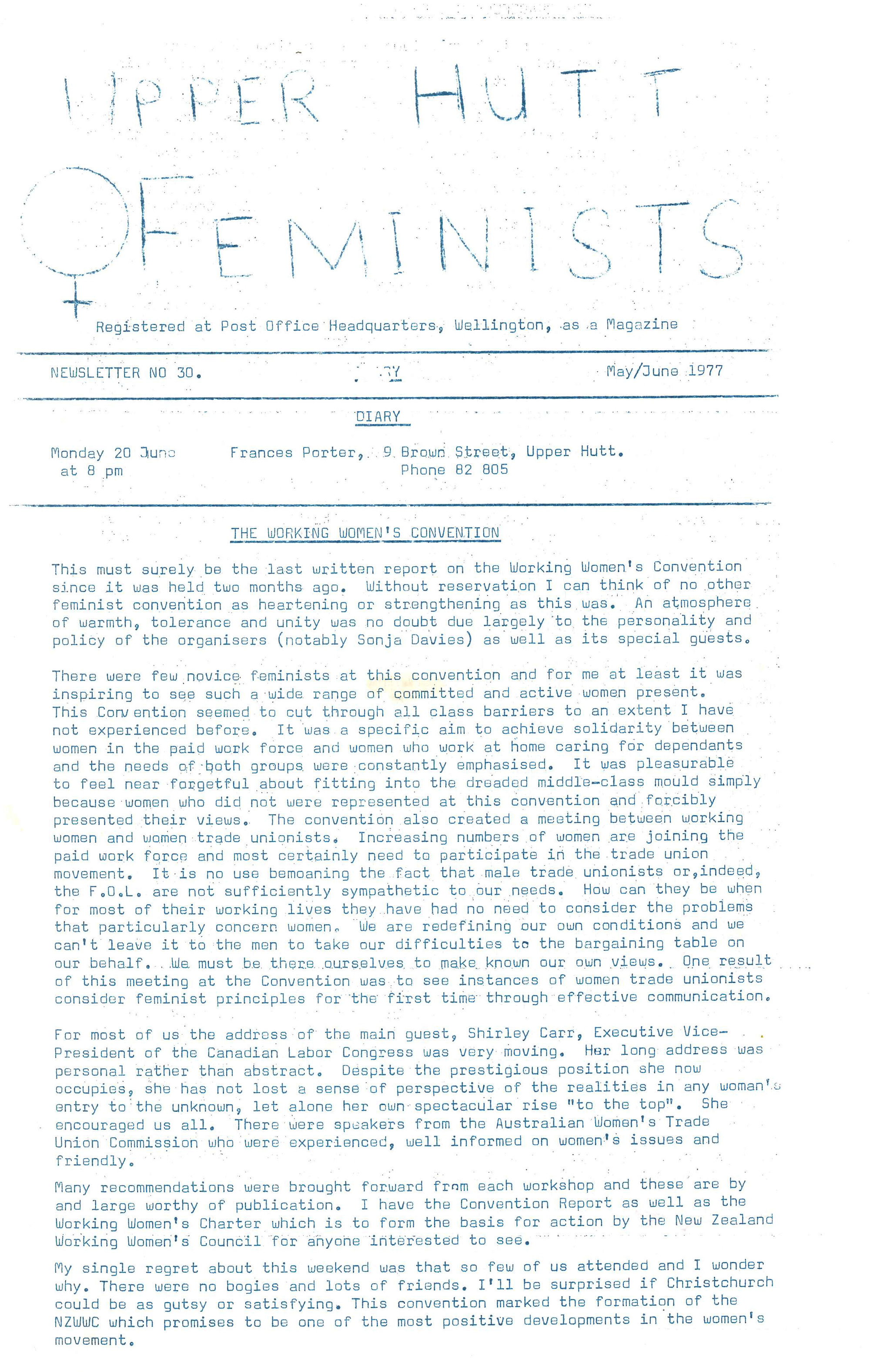 Upper Hutt Feminists; May/June 1977; Issue 30