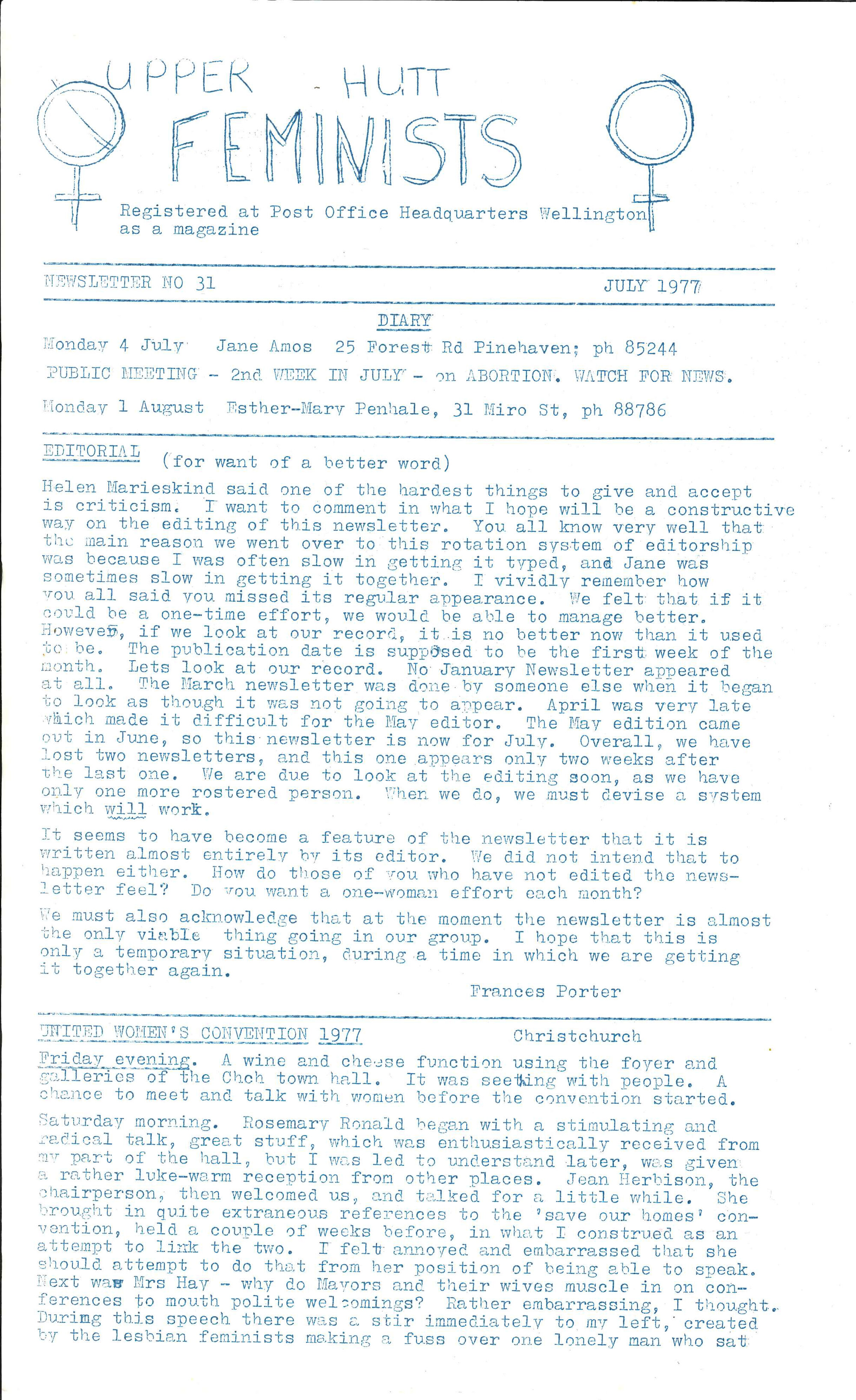 Upper Hutt Feminists; July 1977; Issue 31