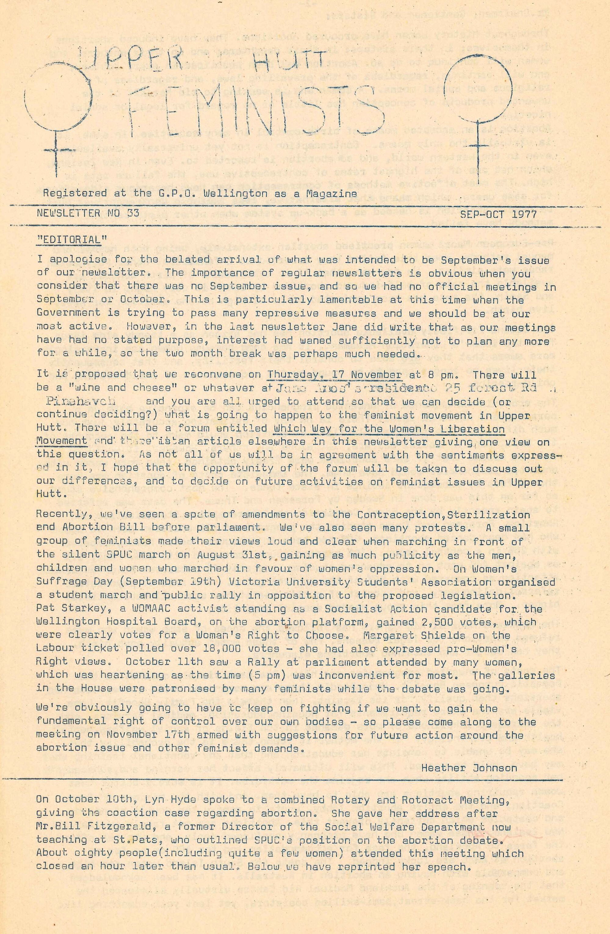 Upper Hutt Feminists; September/October 1977; Issue 33