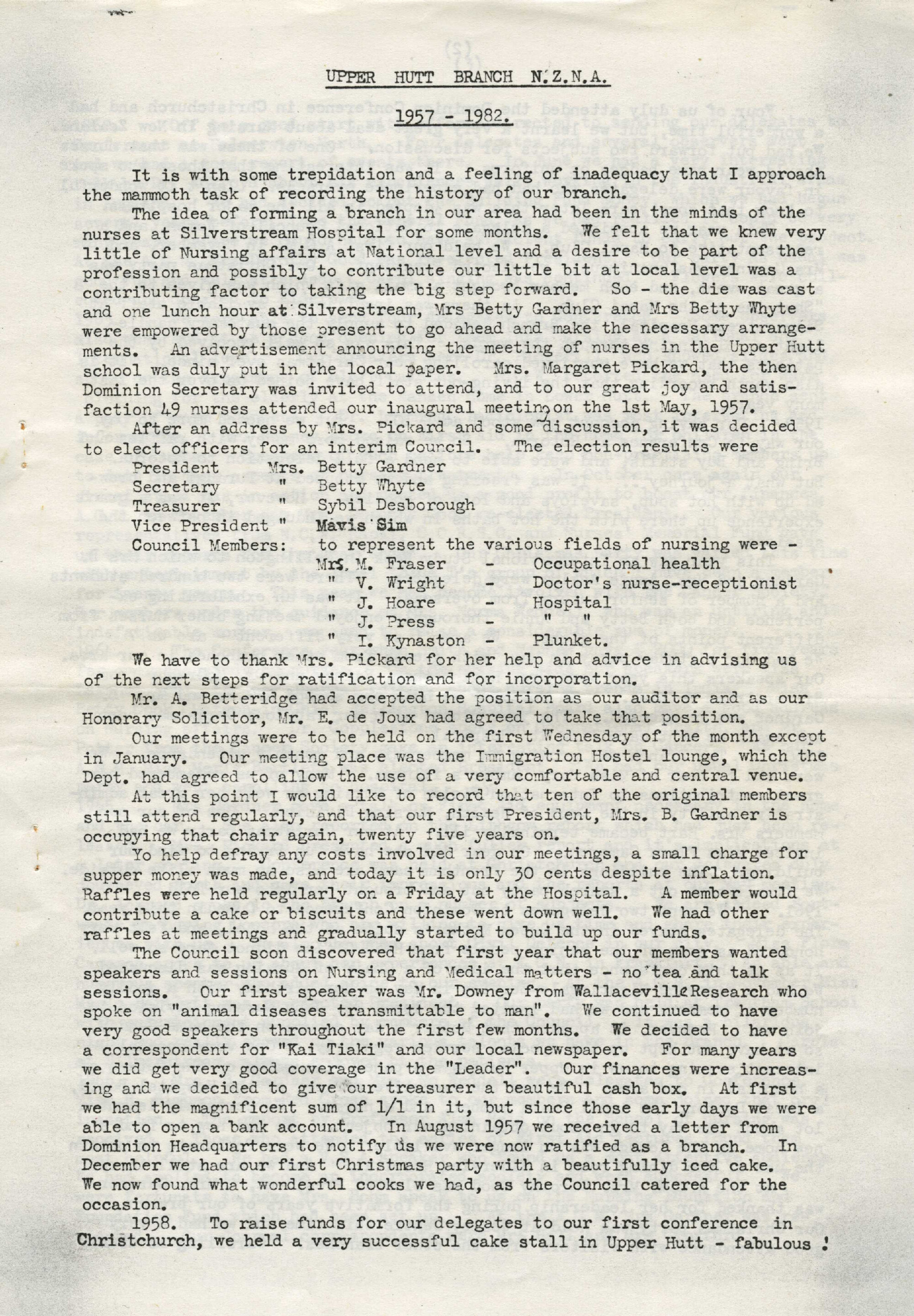 History of the Upper Hutt Branch of the NZ Nurses Association, 1957 - 1982