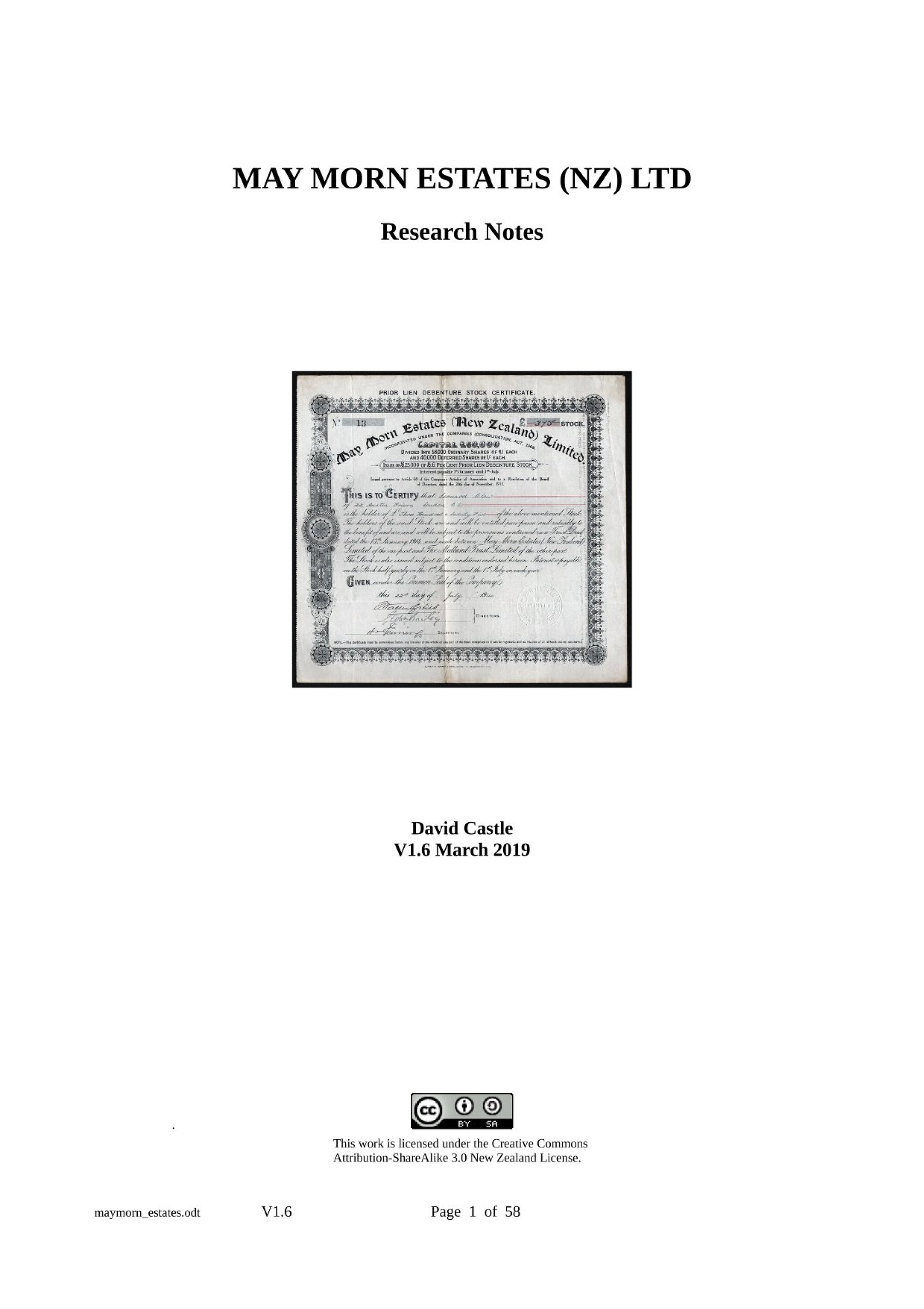 May Morn Estates (NZ) Ltd; Research Notes by D.J Castle; 2019