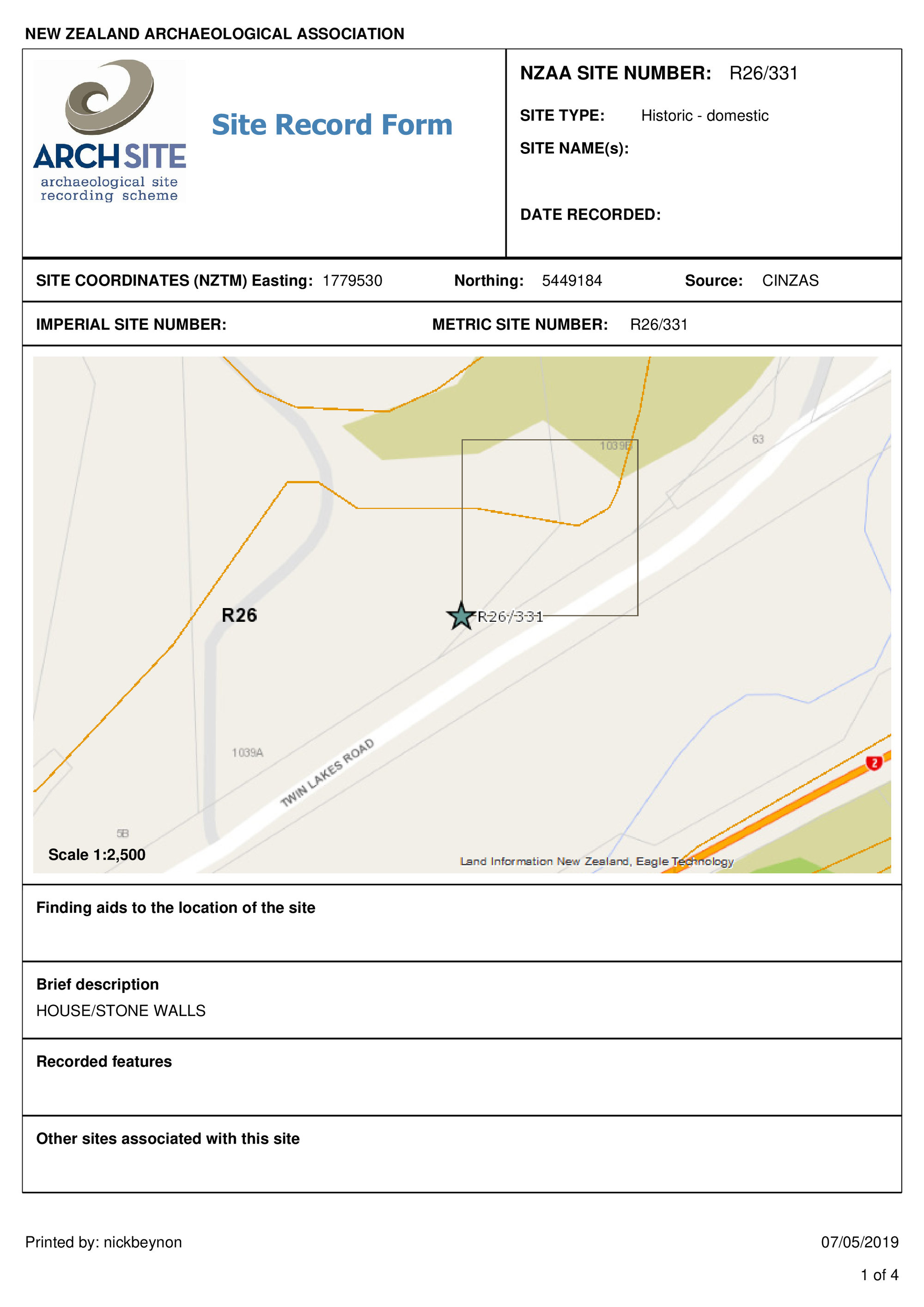 Benge House, archaeological site record, R26/331