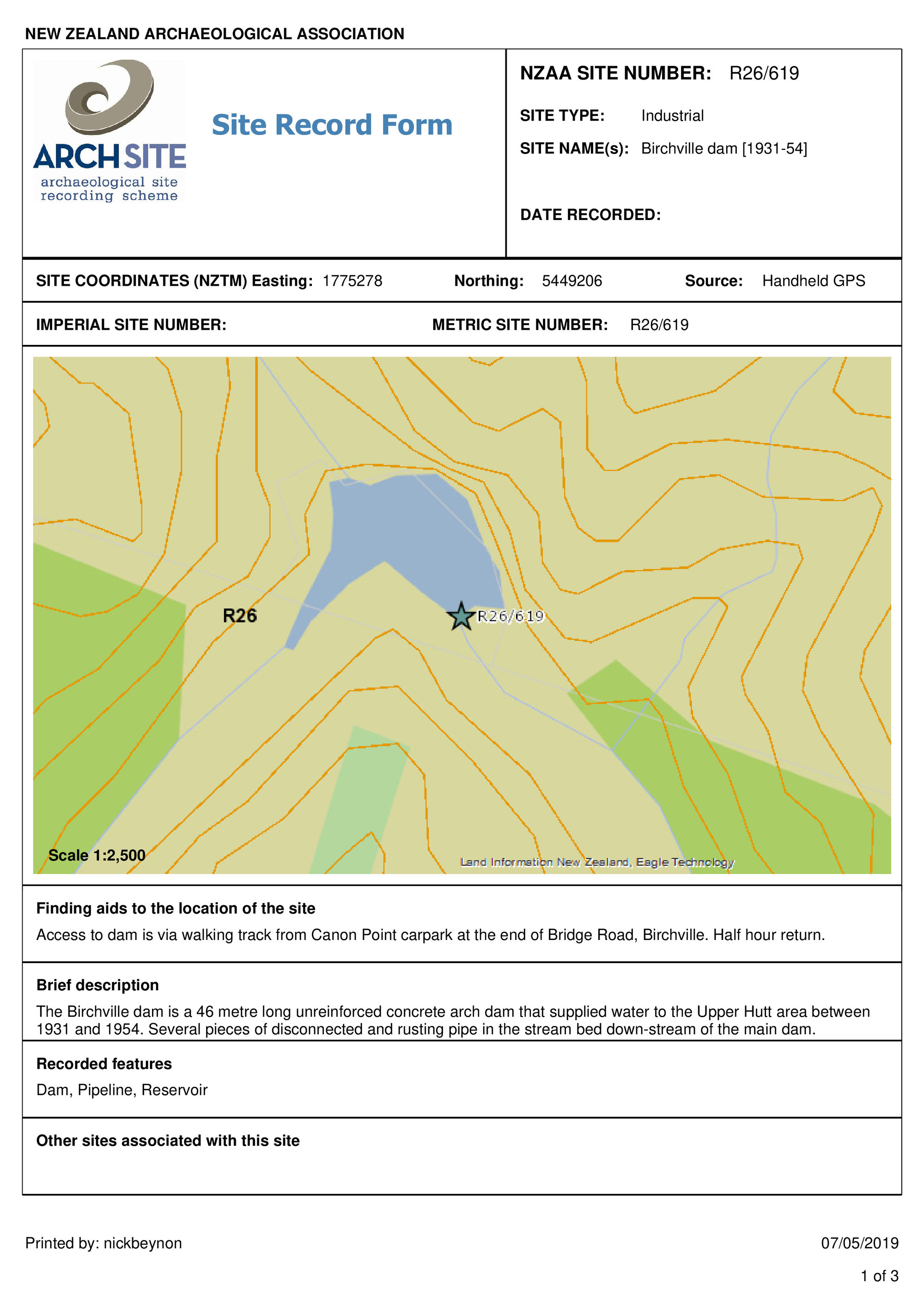Birchville Dam, archaeological site record, R26/619