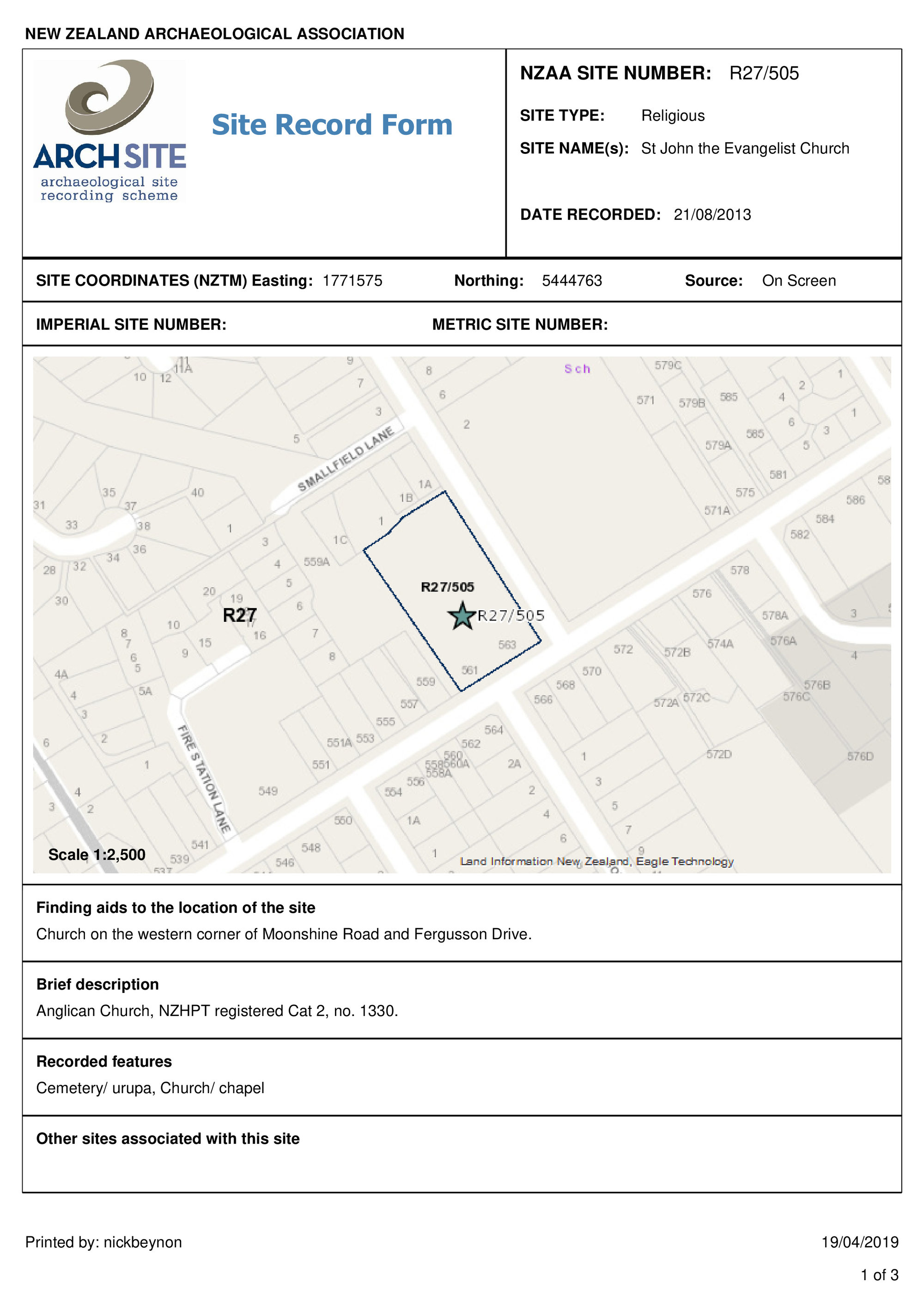 Saint John the Evangelist Church, archaeological site record, R27/505