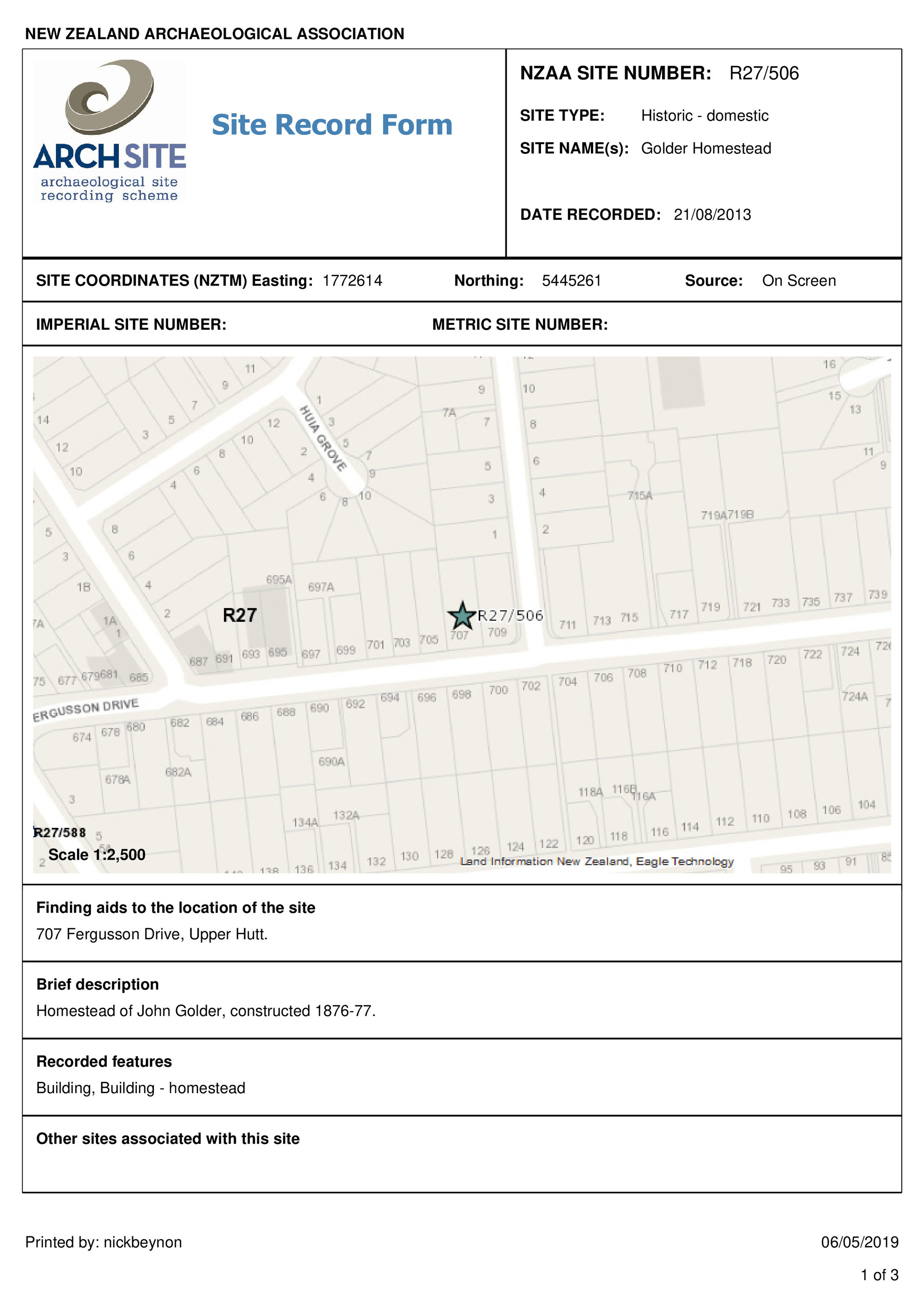 Golder Homestead, archaeological site record, R27/506