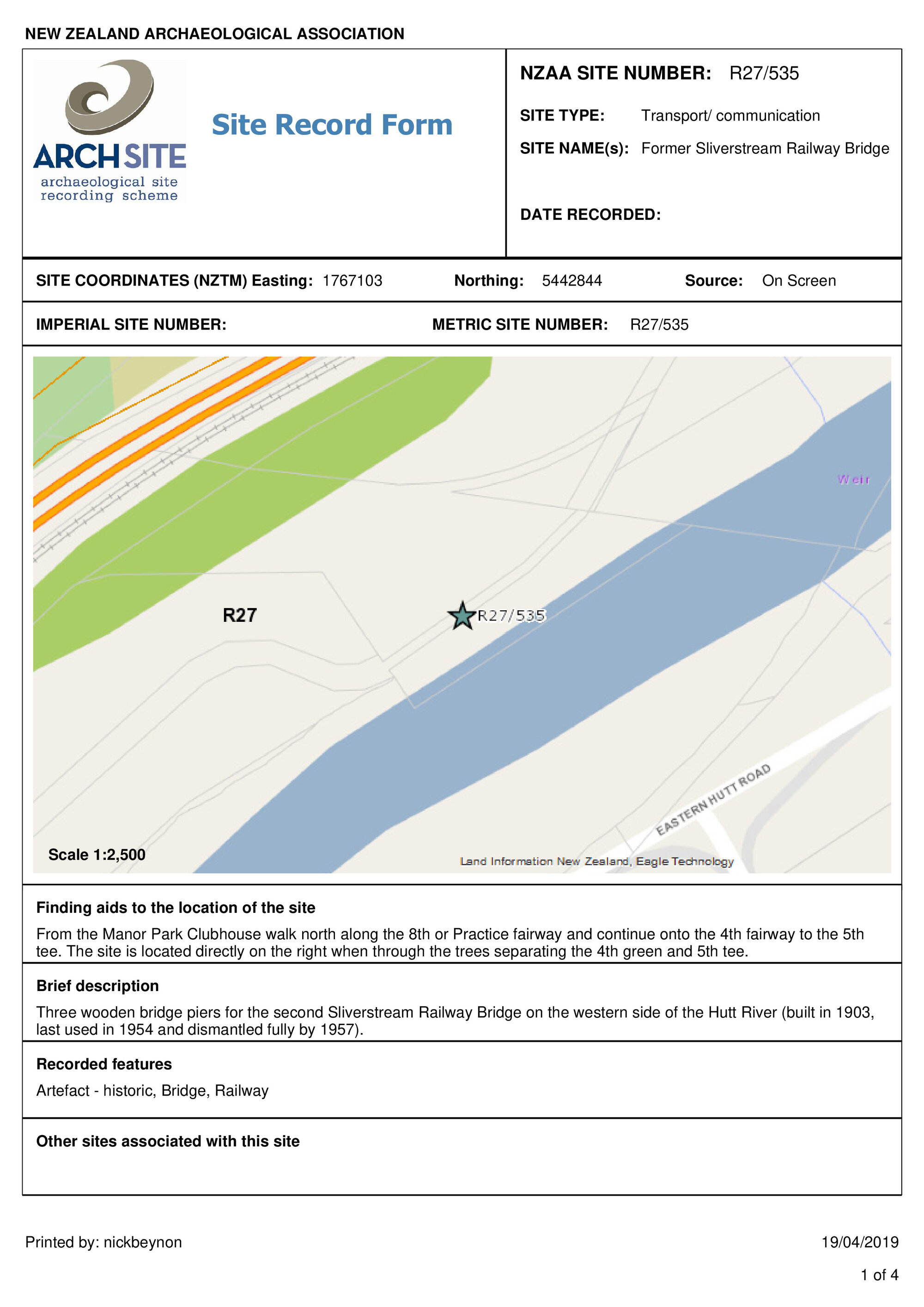 Former Silverstream Railway Bridge, archaeological site record, R27/535