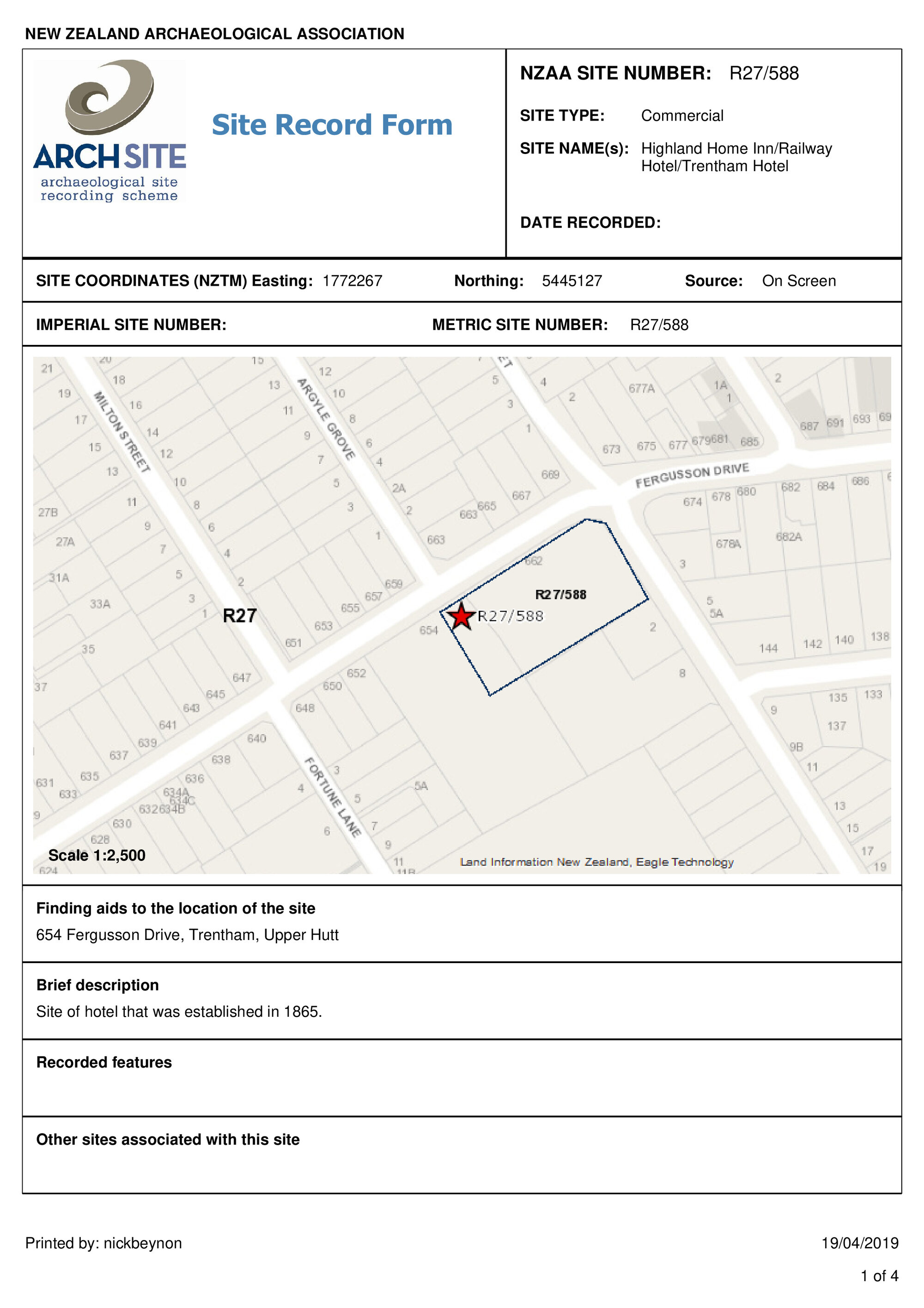 Highland Home Inn/Railway Hotel/Trentham Hotel, archaeological site record, R27/588