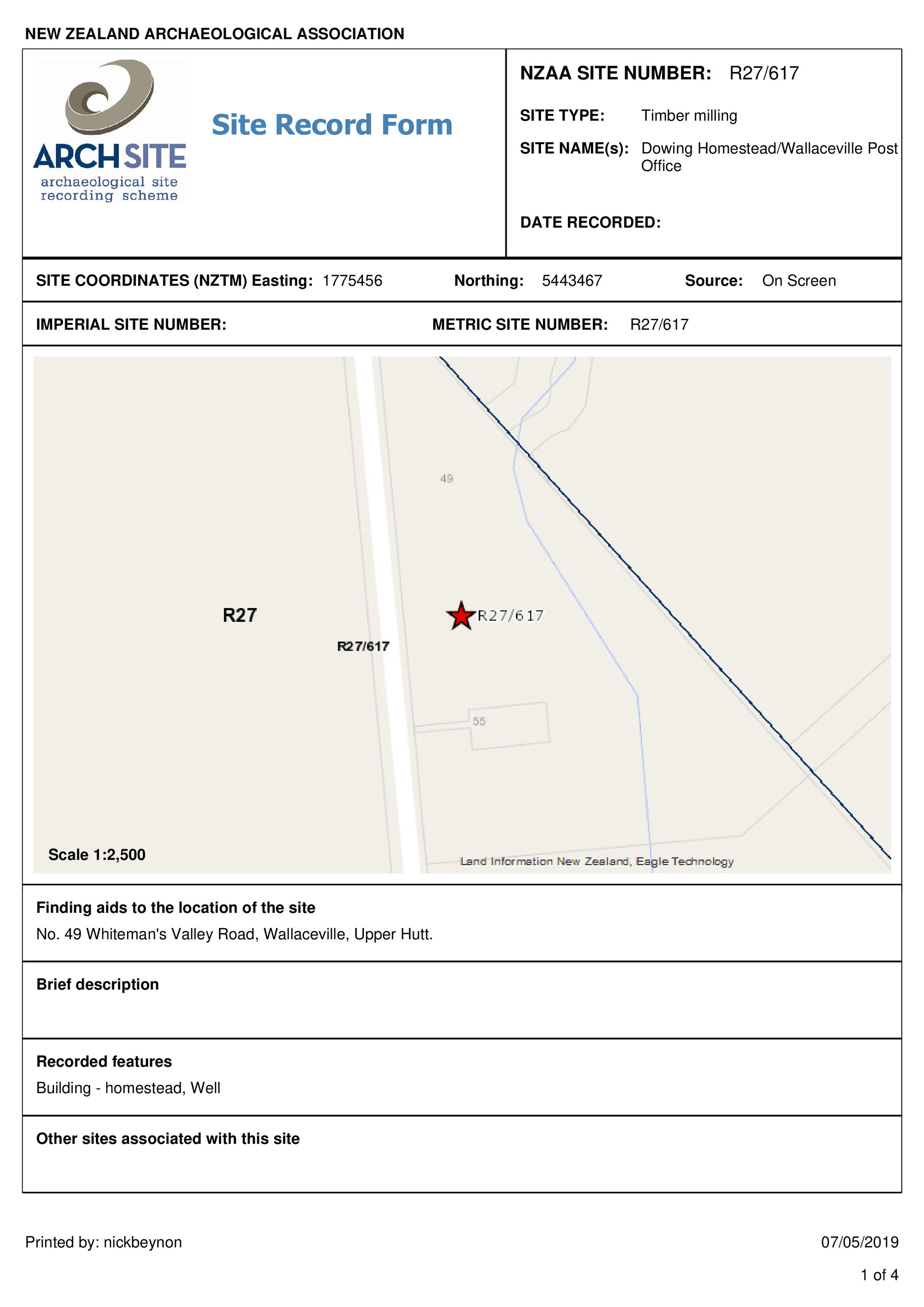 Dowing Homestead/Wallaceville Post Office, archaeological site record, R27/617