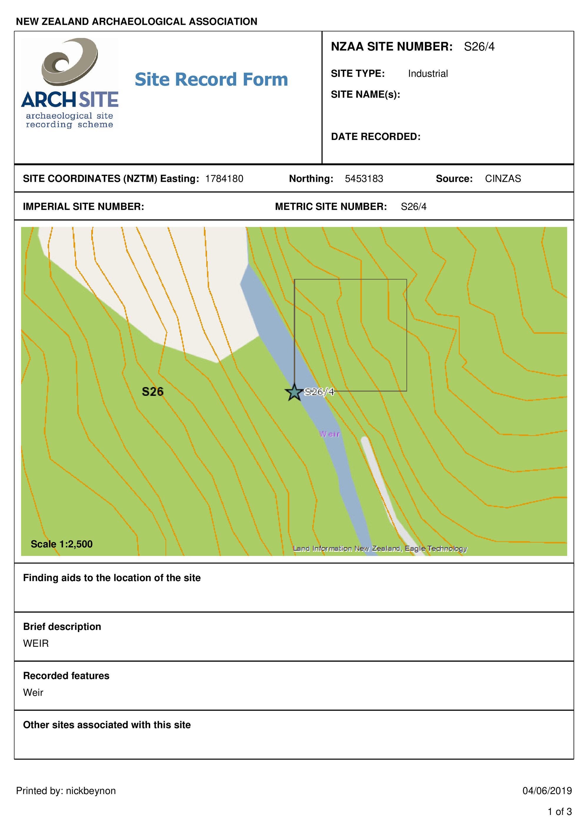 Weir, archaeological site record, S26/4