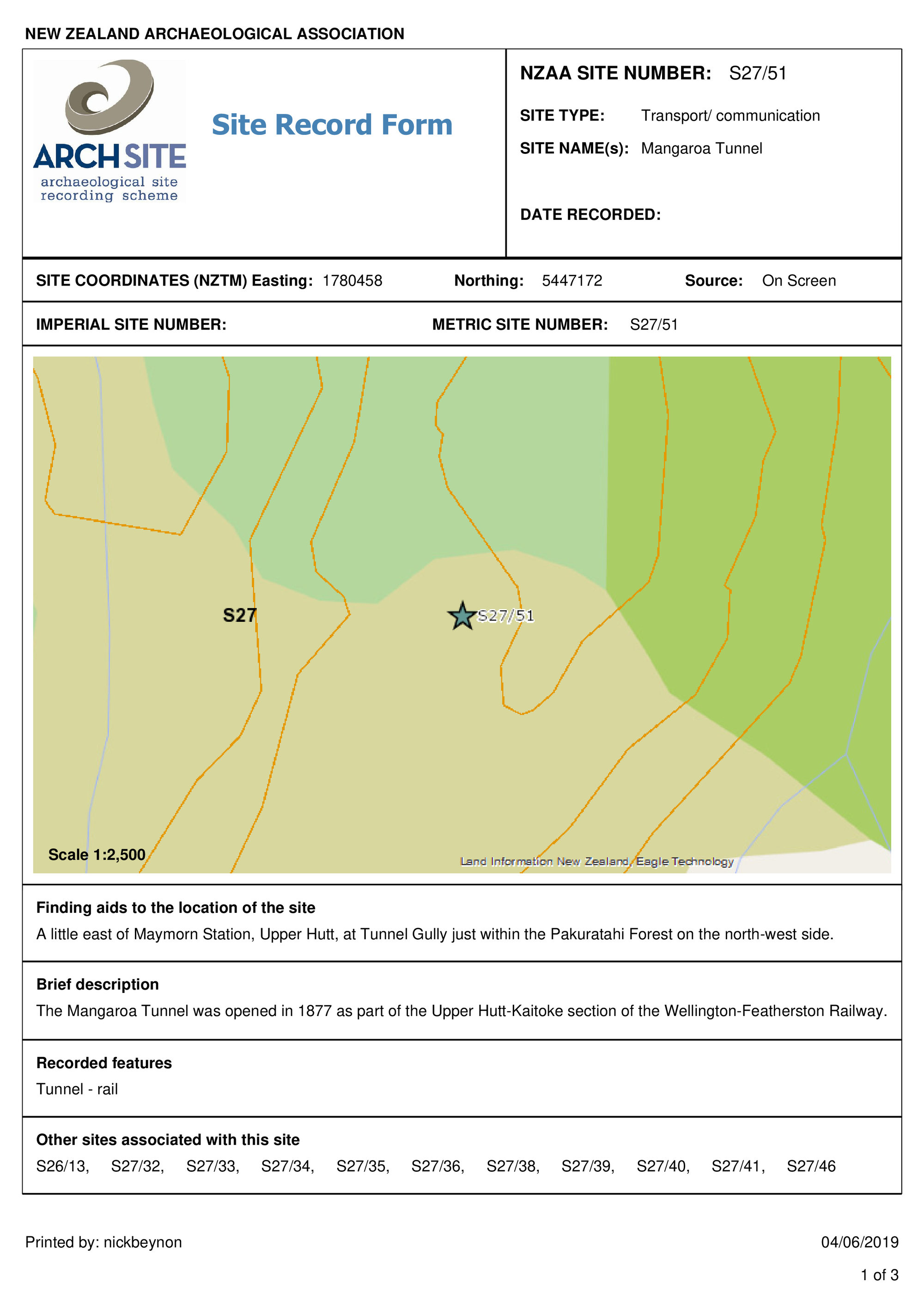 Mangaroa Tunnel, archaeological site record, S27/51
