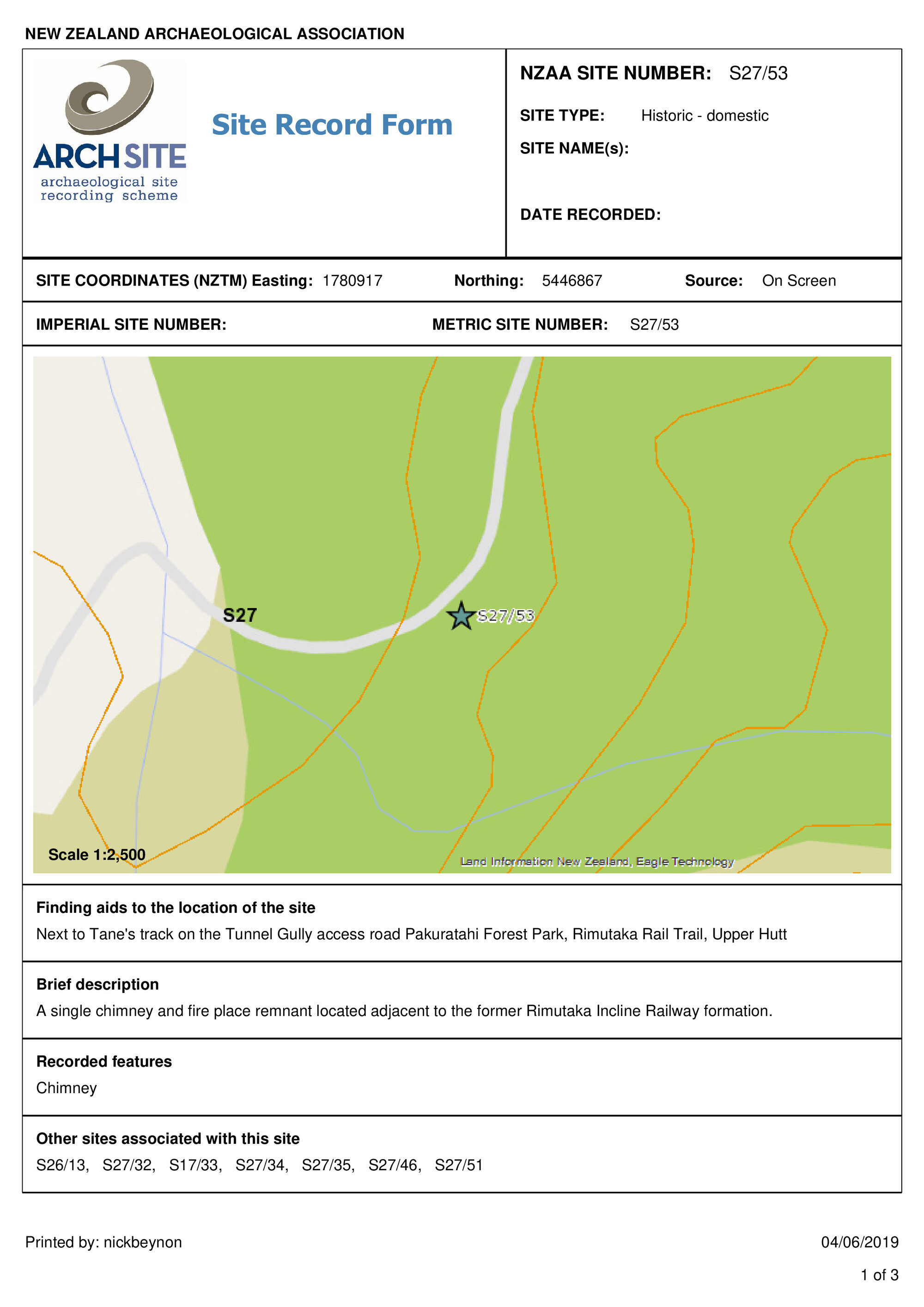 Chimney, archaeological site record, S27/53