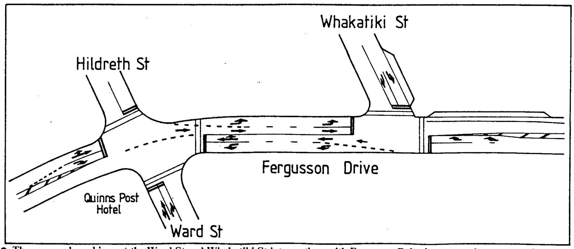 Traffic management 1988; Fergusson Drive; markings at Ward, Whakatiki streets