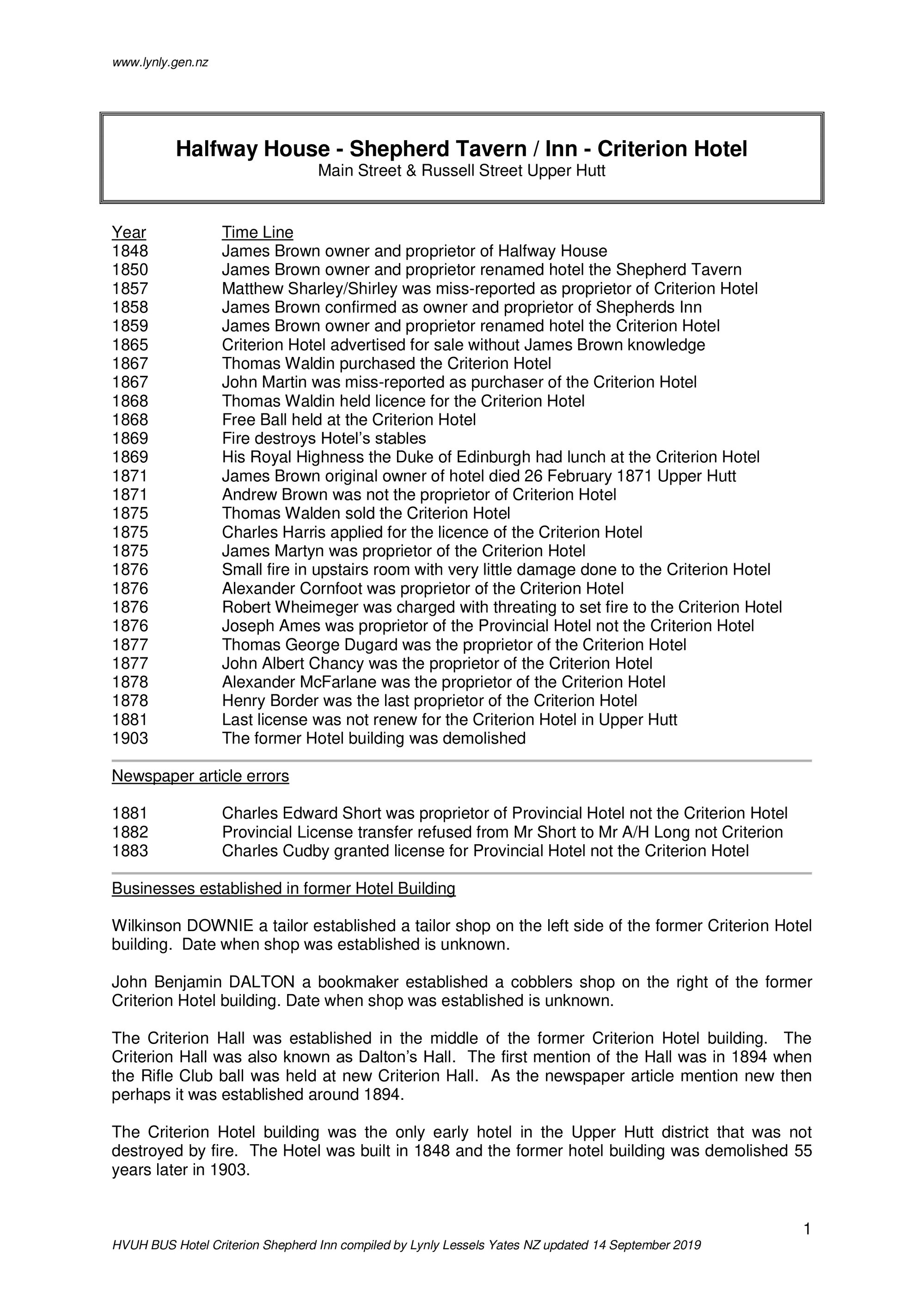 Historical Hotels of Upper Hutt; Criterion Hotel