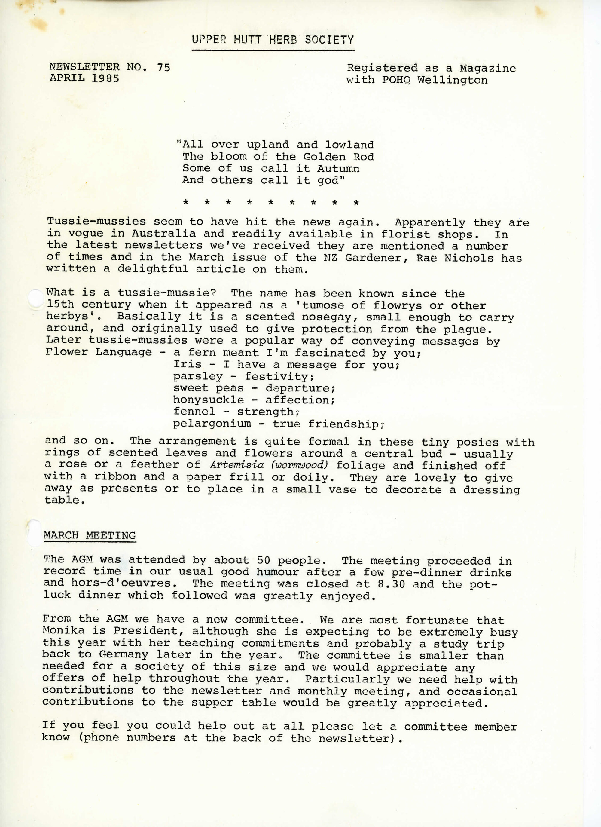 Upper Hutt Herb Society newsletter no. 75, April 1985