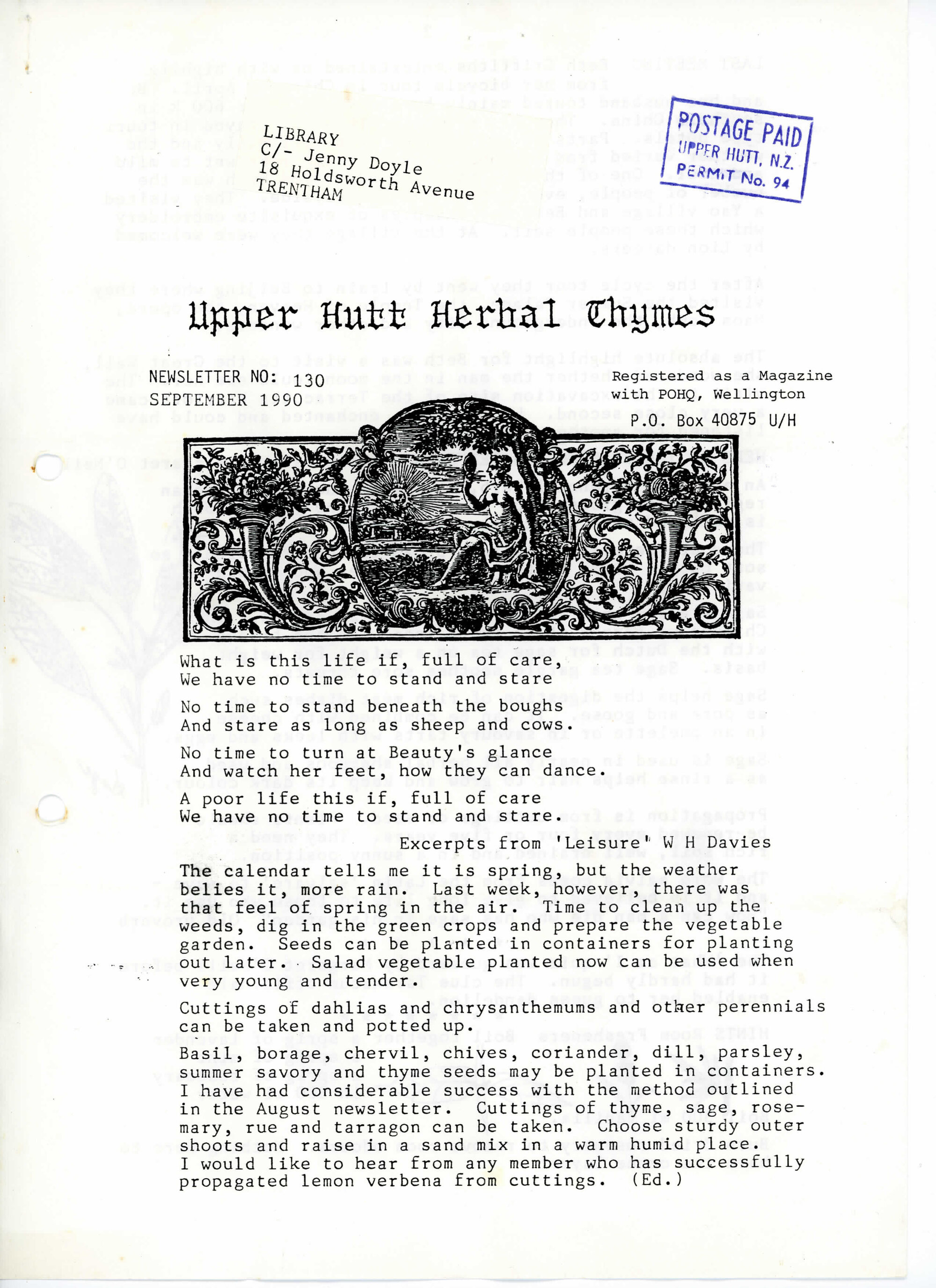 Upper Hutt Herb Society newsletter no. 130, September 1990