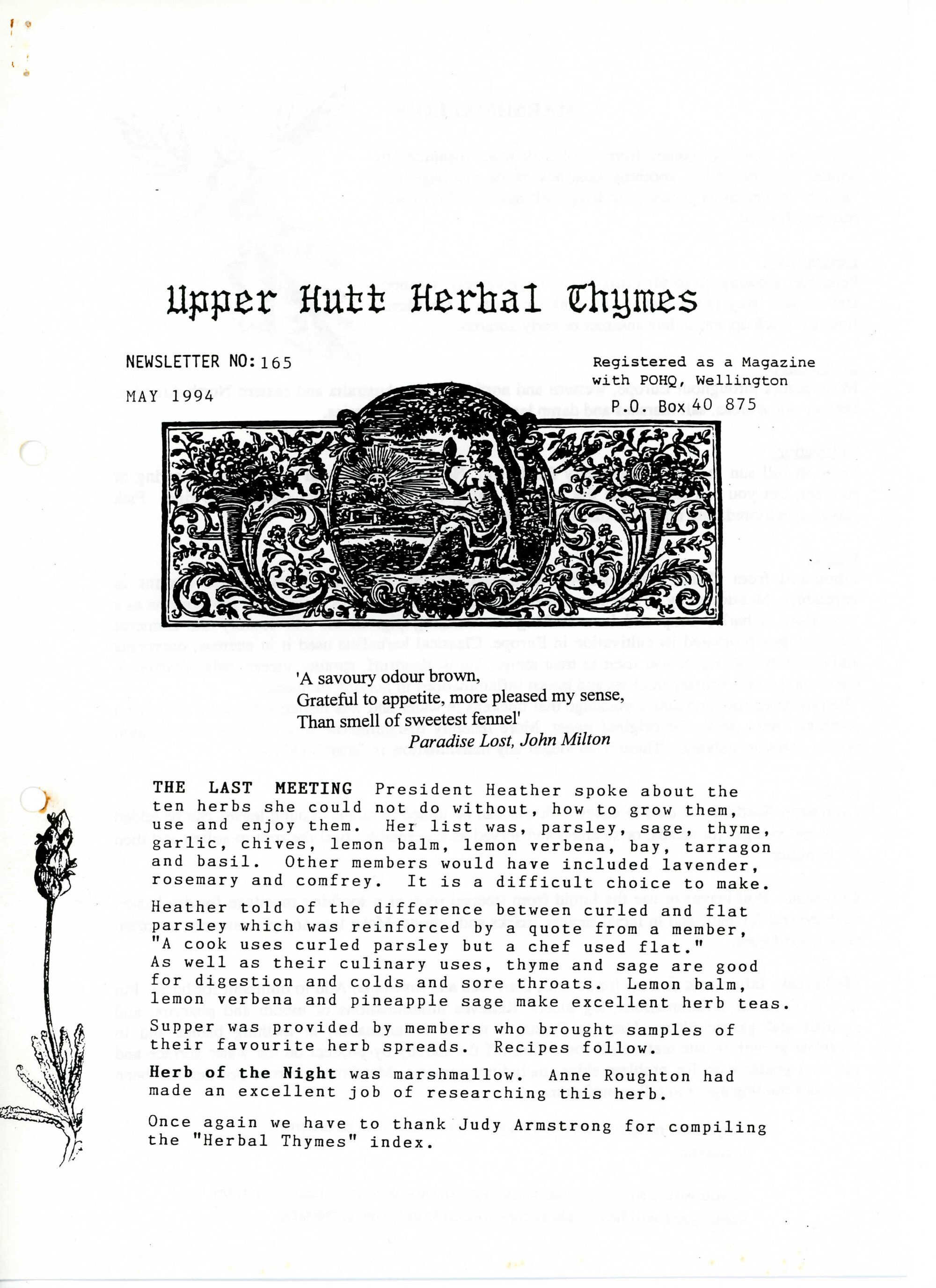 Upper Hutt Herb Society newsletter no. 165, May 1994