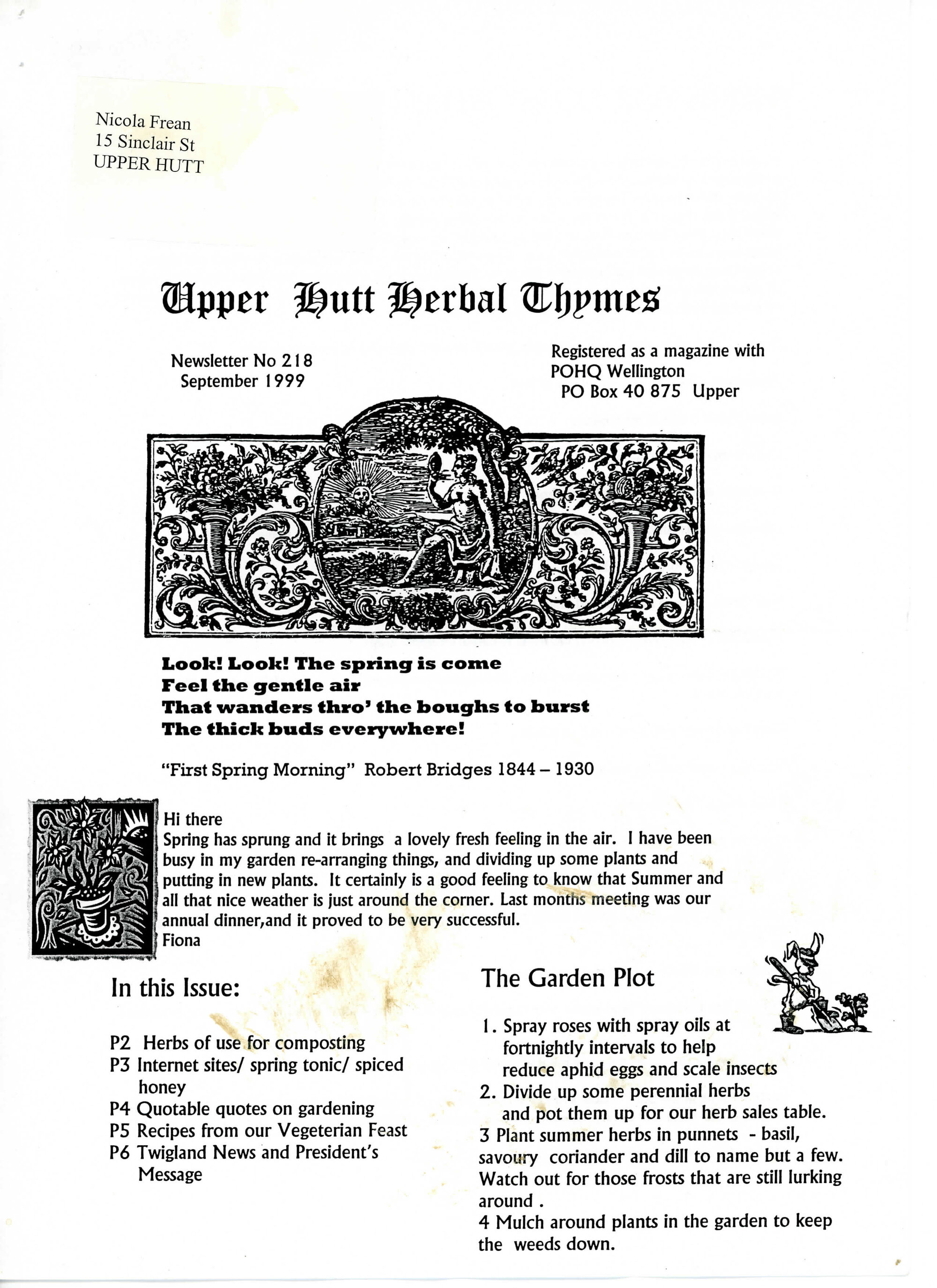 Upper Hutt Herb Society newsletter no. 218, September 1999