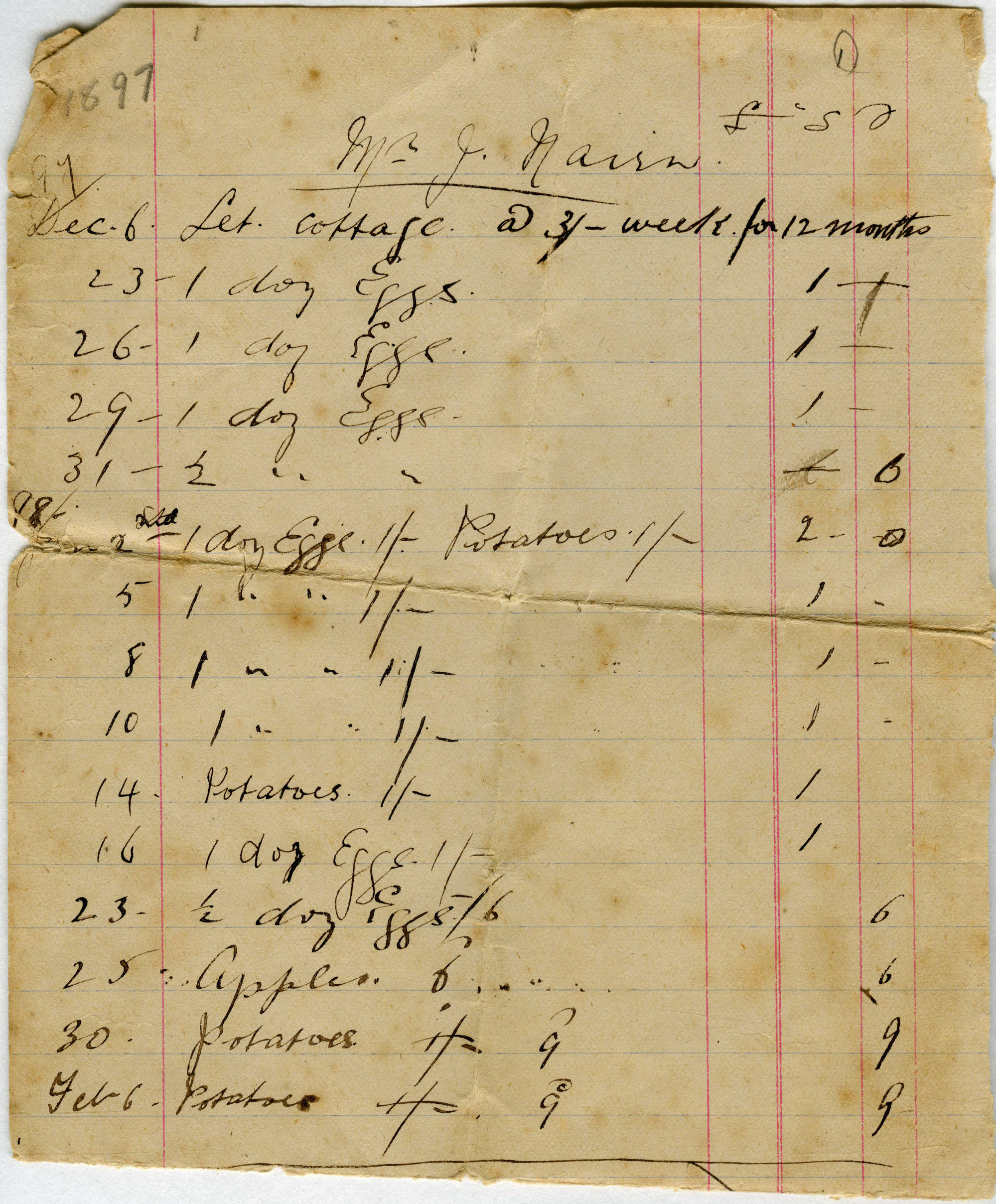 Pumpkin Cottage rent book pages, 1897-1900