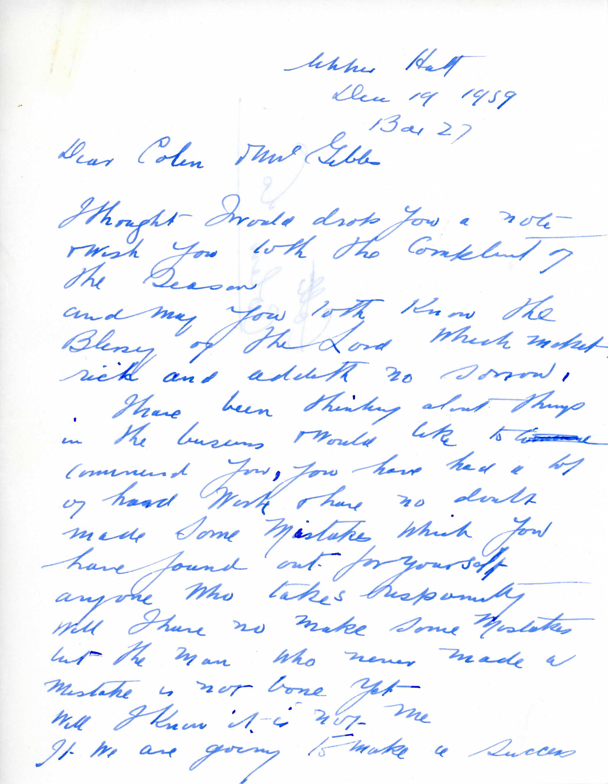 Correspondence between J.A. Hazelwood and Colin Gibbs, December 1959