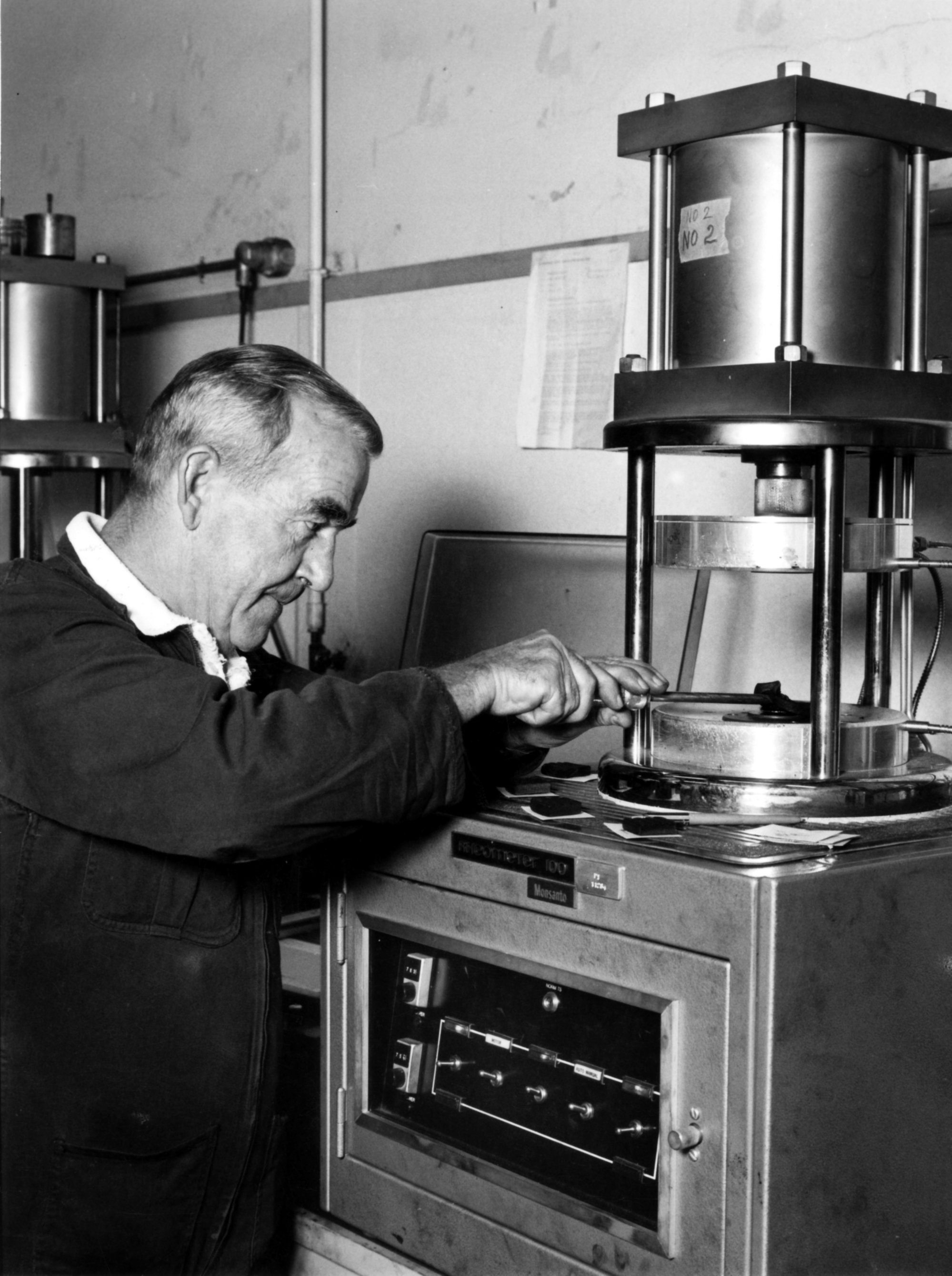 Dunlop; mill control laboratory; Bill Strickland and Mooney viscometers.