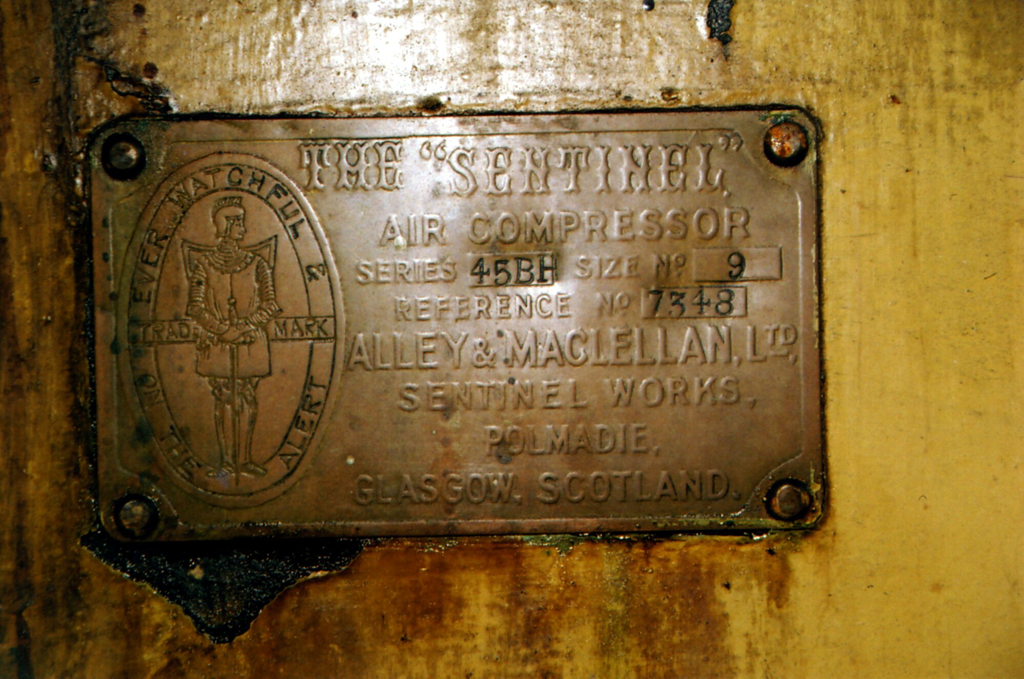South Pacific Tyres; boilerhouse demolition 3; Alley McLennan compressor nameplate