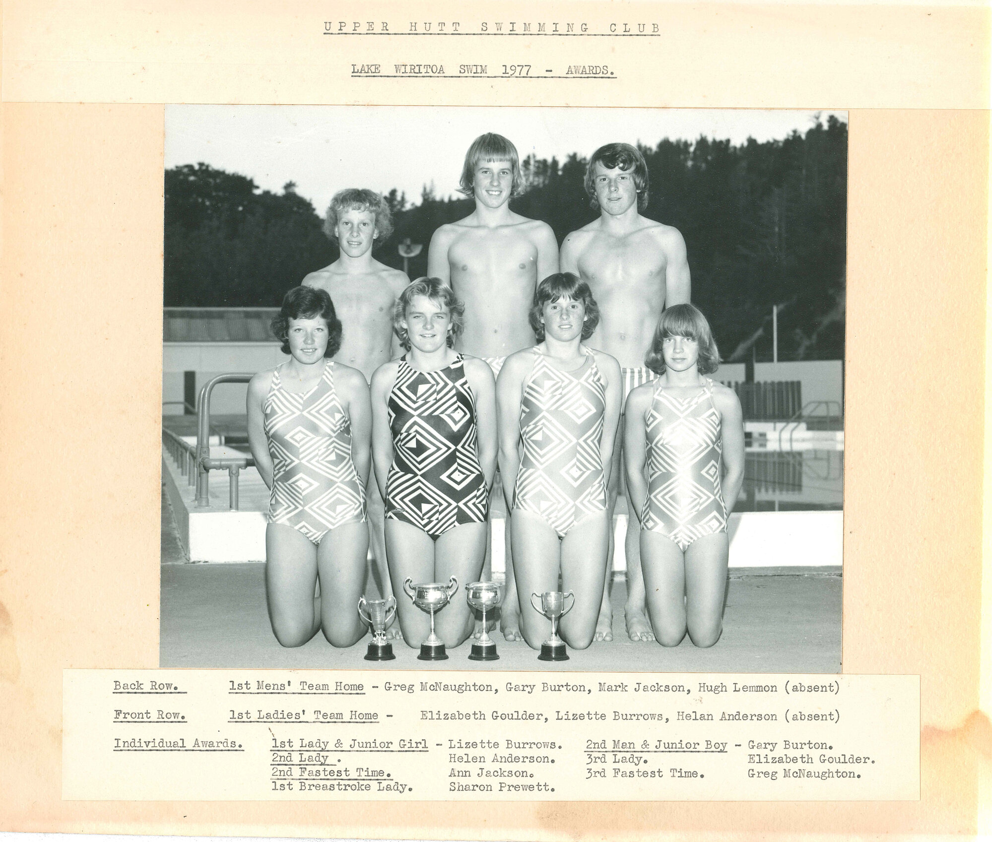 Upper Hutt Swimming Club Lake Wiritoa swim award winners, 1977
