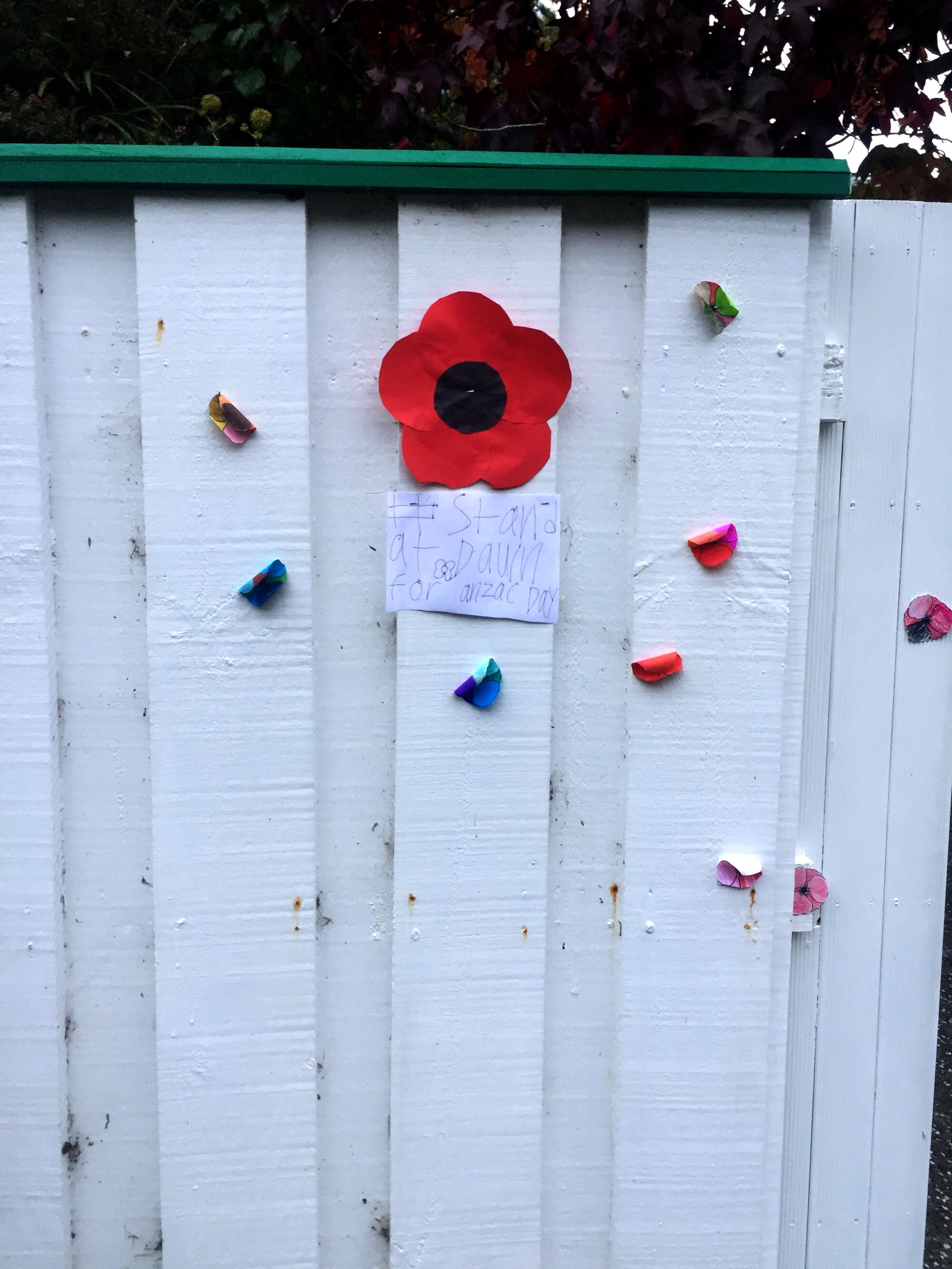 Poppies and Stand at Dawn notice, Silverstream, Anzac Day 2020