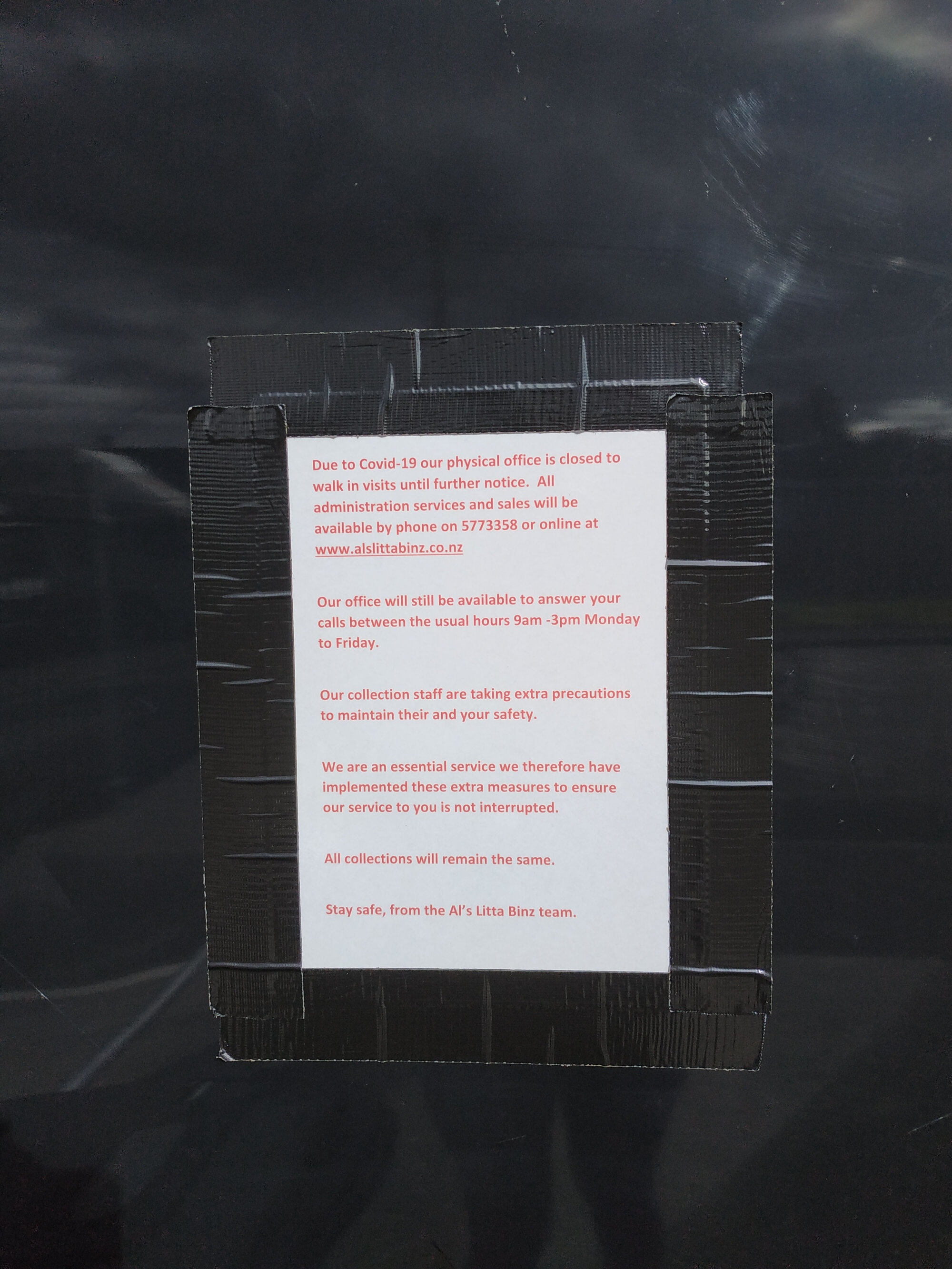 Al's Litta Binz sign during Covid-19 level 4 lockdown