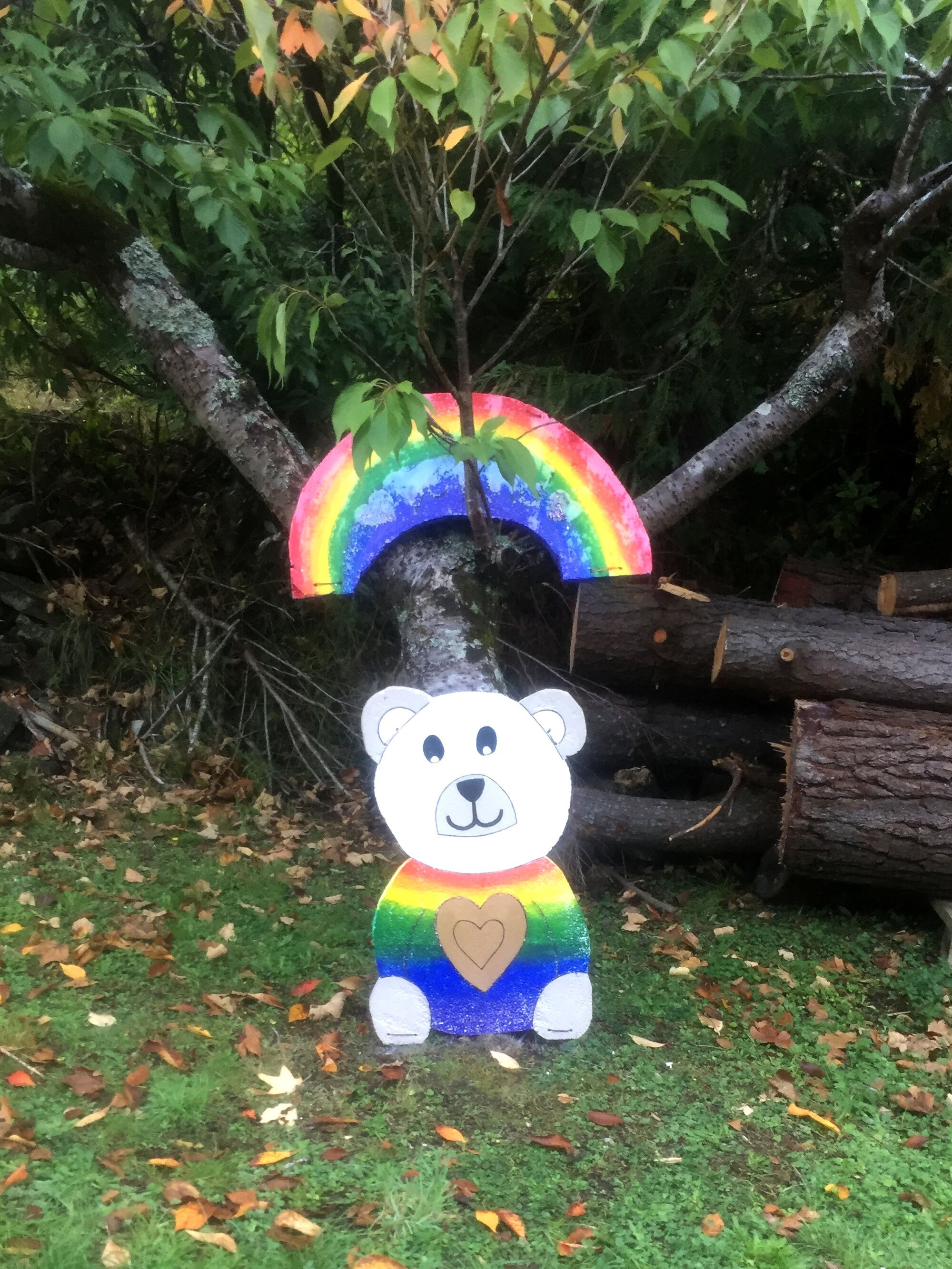Teddy Bear and rainbow sign beside a street in Pinehaven