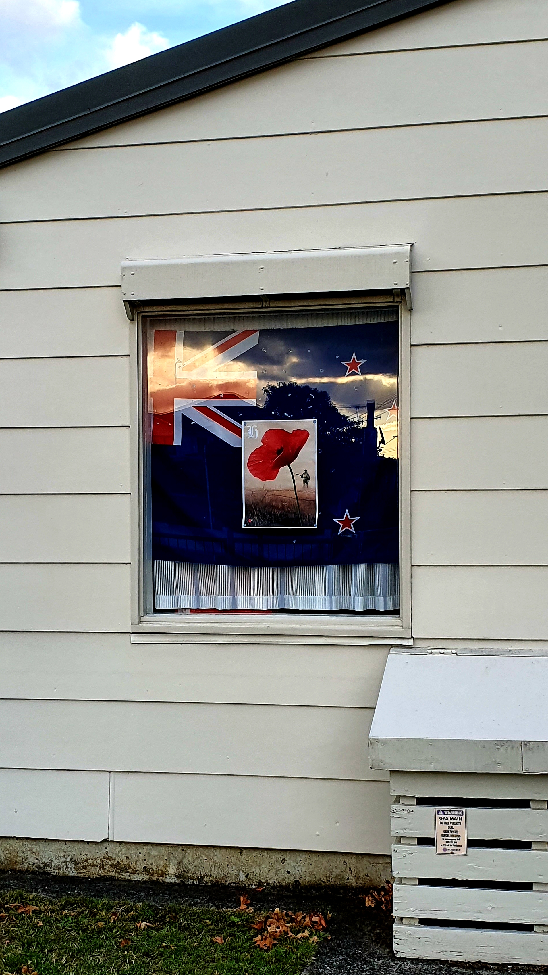 Anzac poppy and flag window display, St Brendan's School