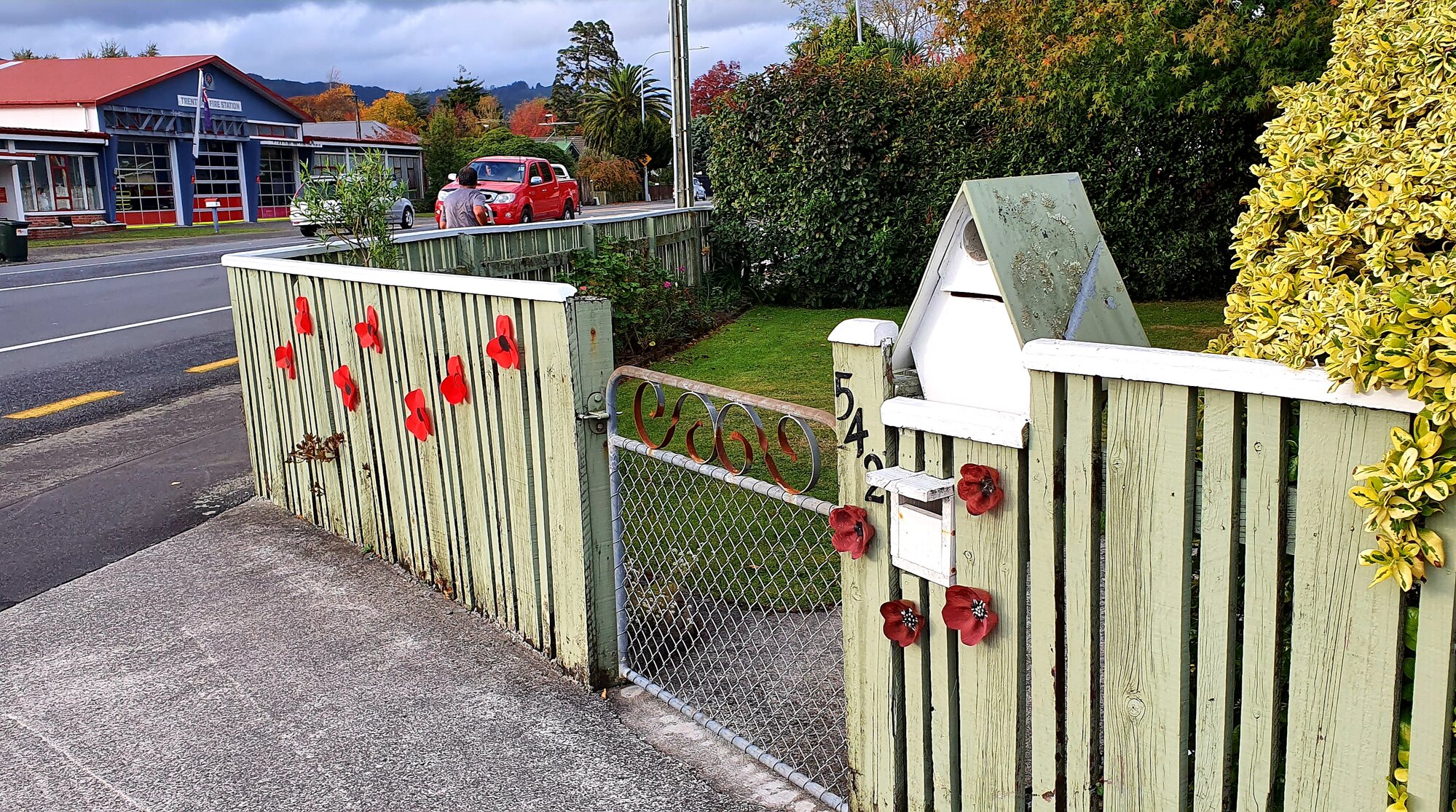 Anzac poppies fence display, Trentham