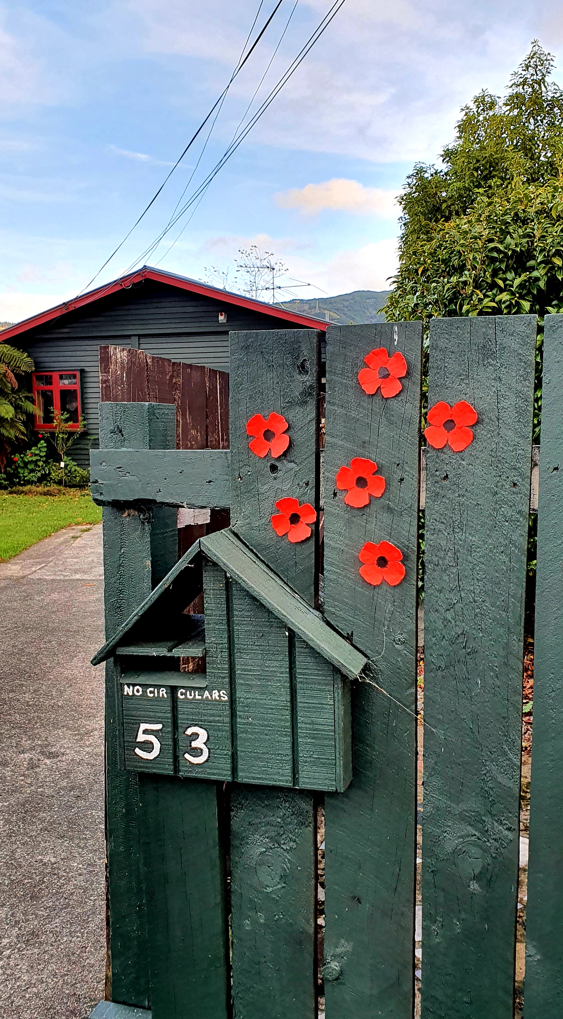Anzac poppies fence display, Heretaunga 