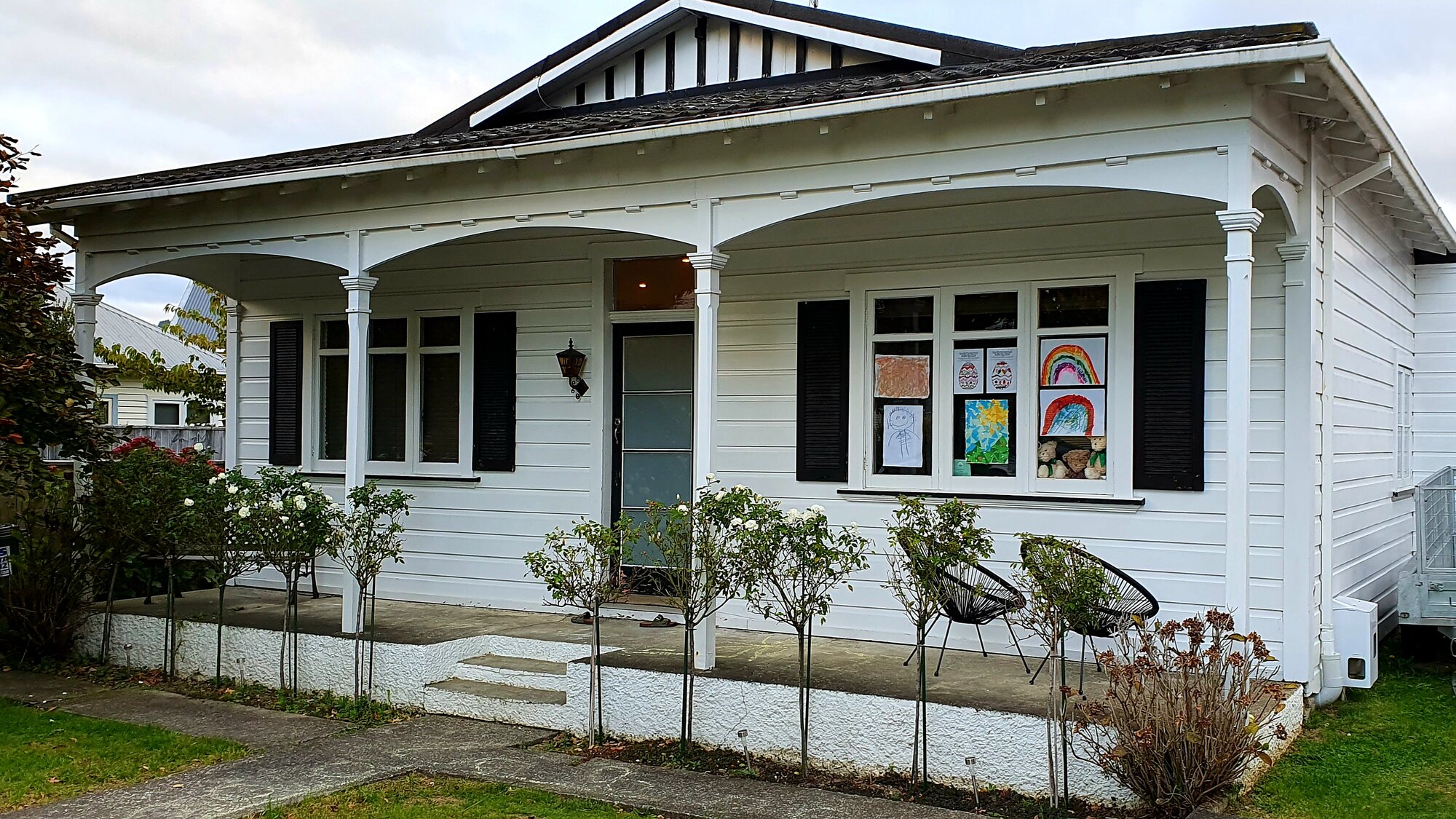 Teddy bears and children's artwork window display, Heretaunga