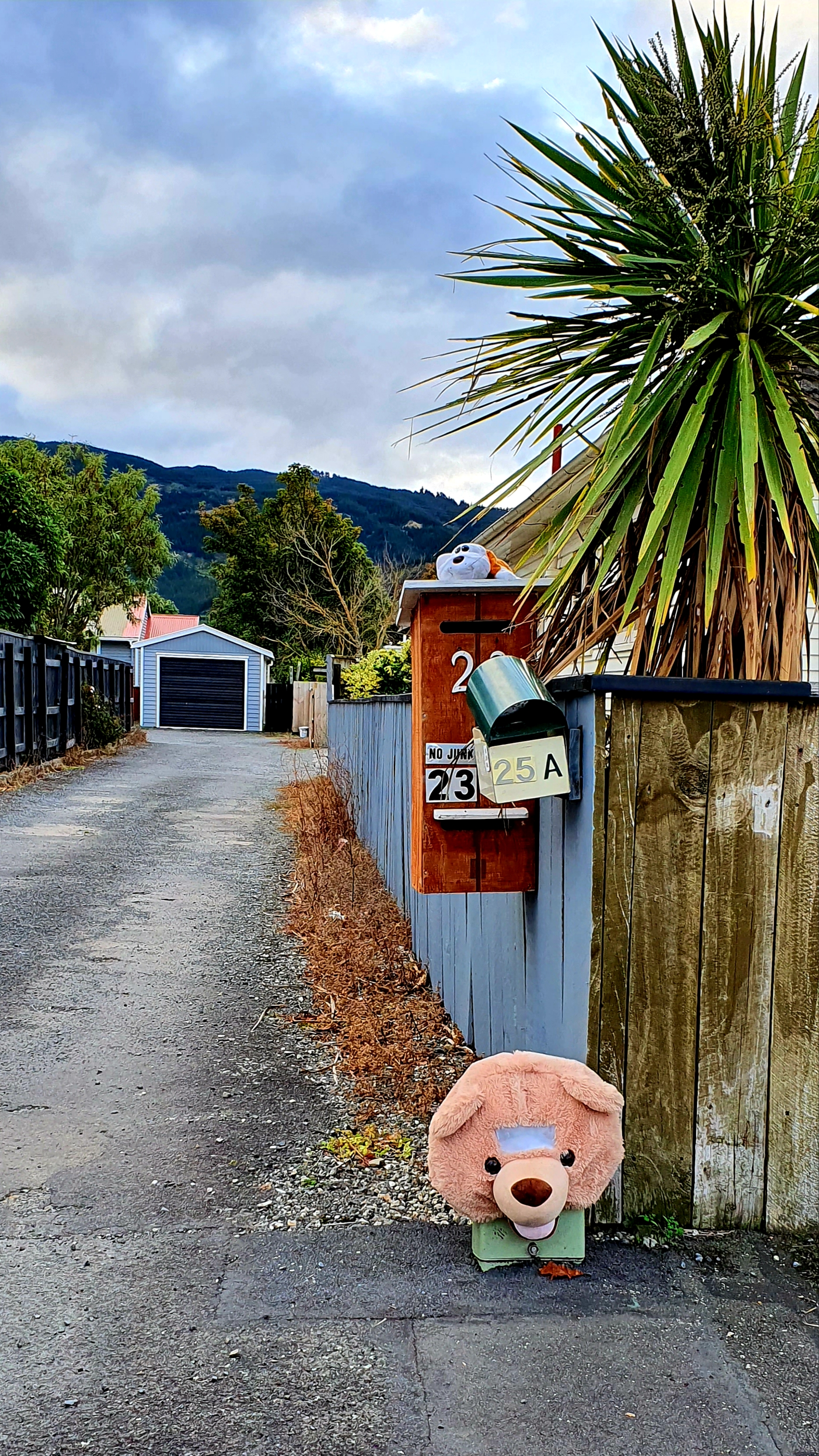 Teddy bear and stuffed toy mailbox display, Heretaunga