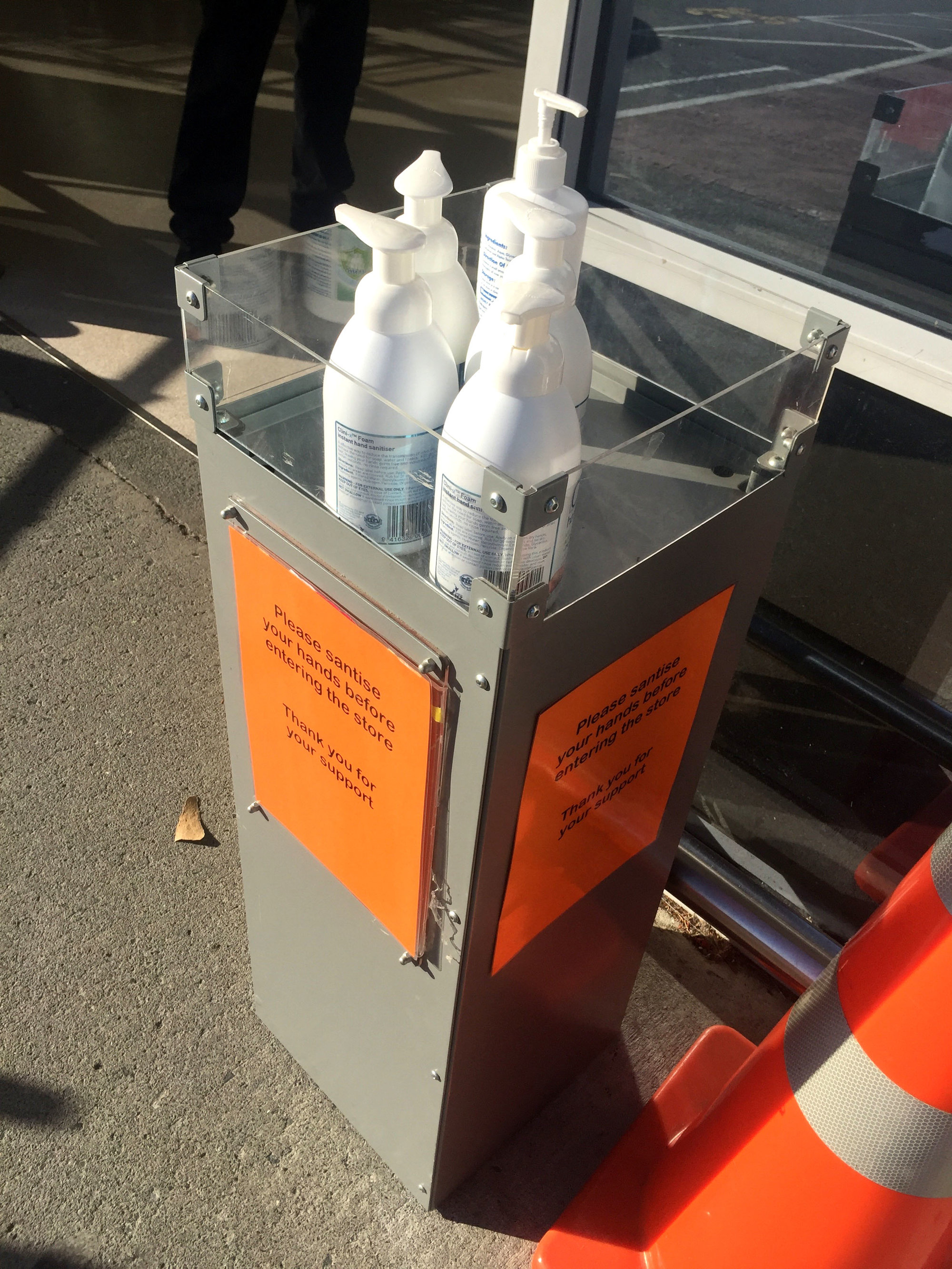Hand sanitiser at entrance to Countdown supermarket on Queen Street 