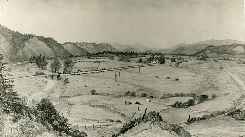 Silverstream and the Whirinaki Chapel; Aubrey painting.