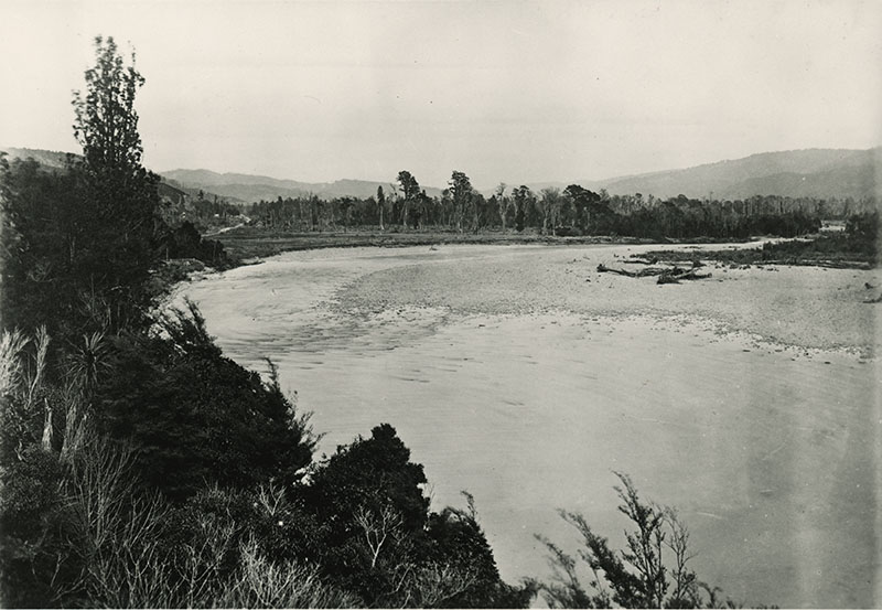 Te Awa Kairangi / Hutt River, looking downstream towards Wellington, from Maoribank ca. 1876.