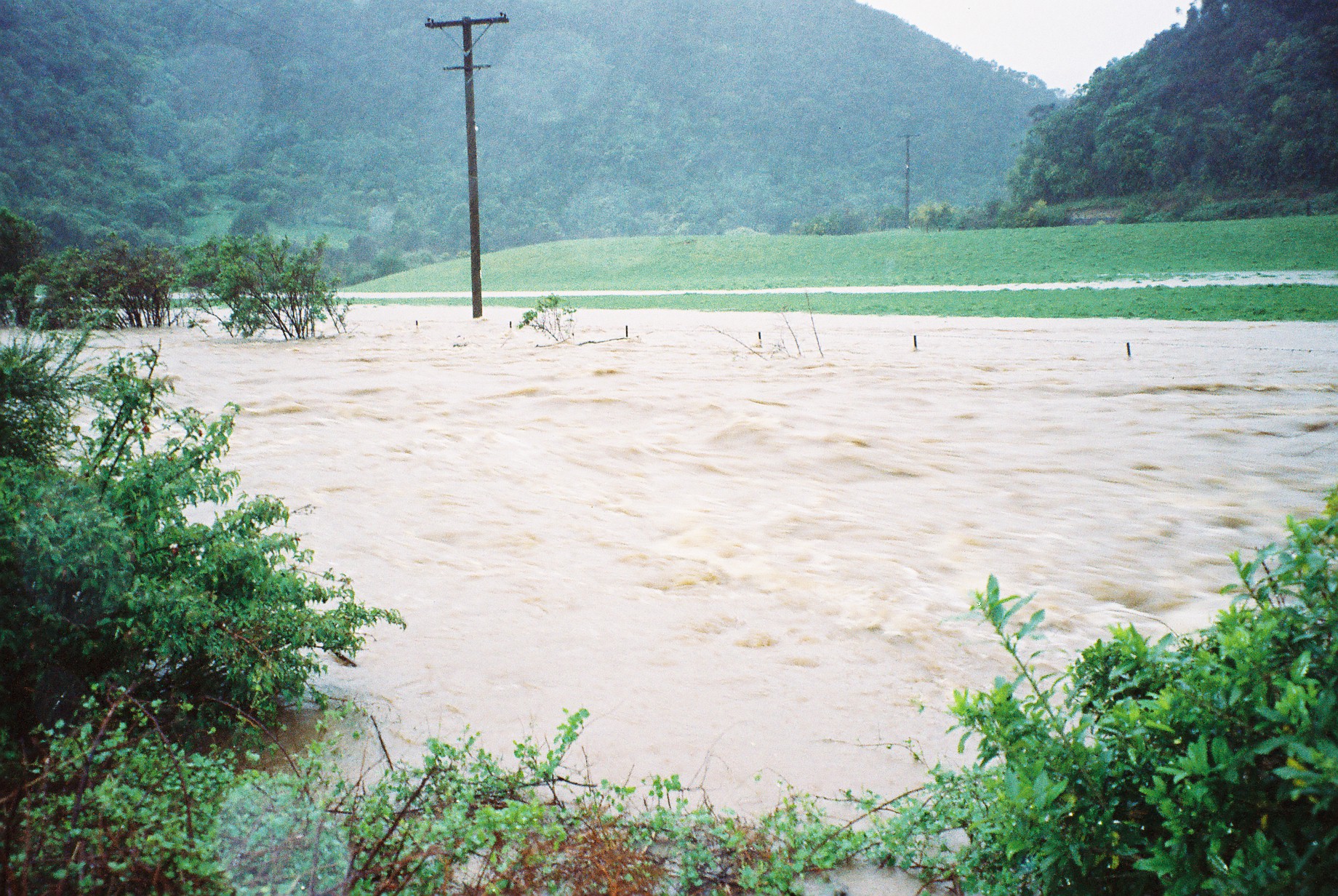 Flood, Karapoti; looking downstream from the river bank.