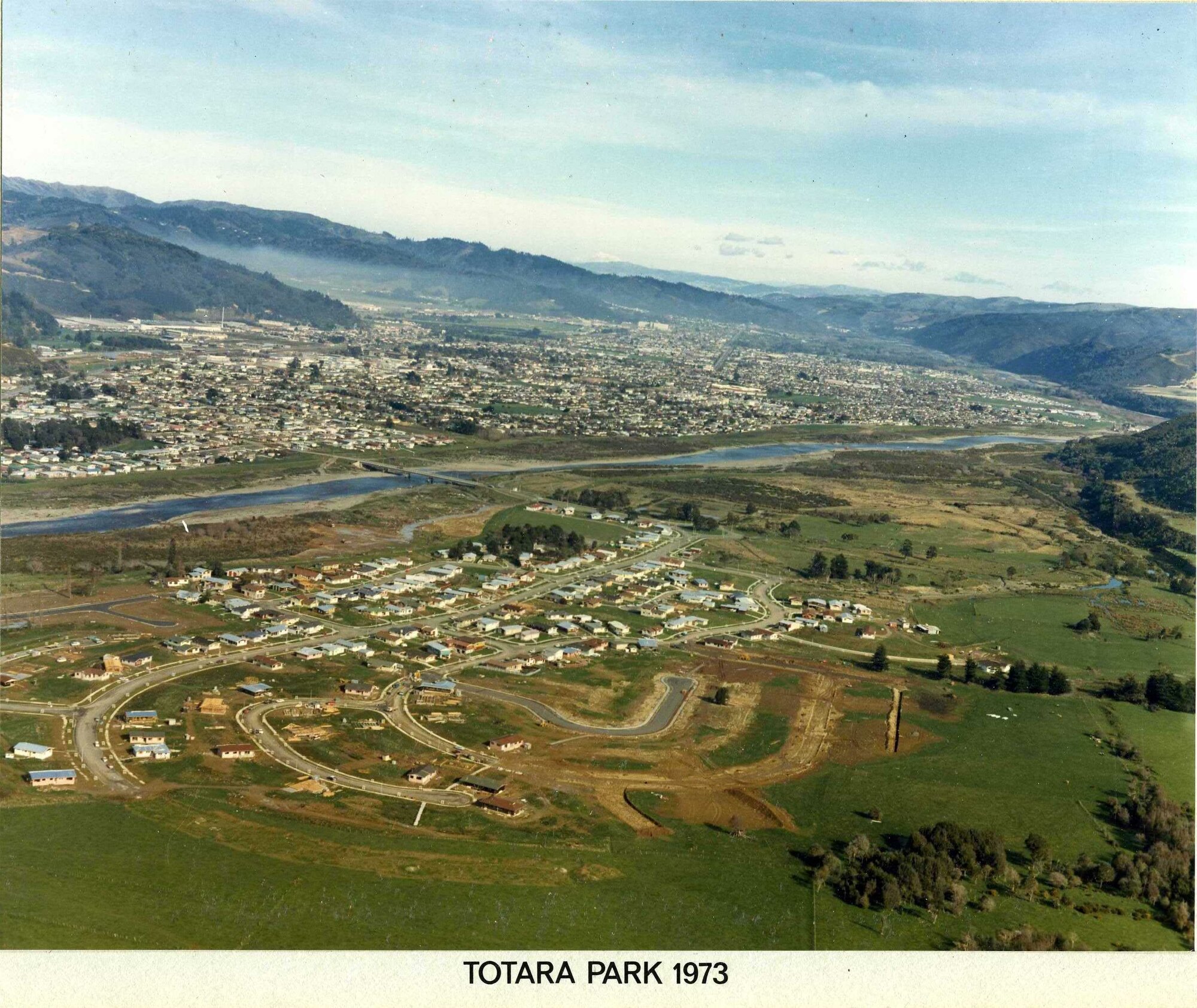 Aerial view, Totara Park, 1973, looking south-west; development progressing