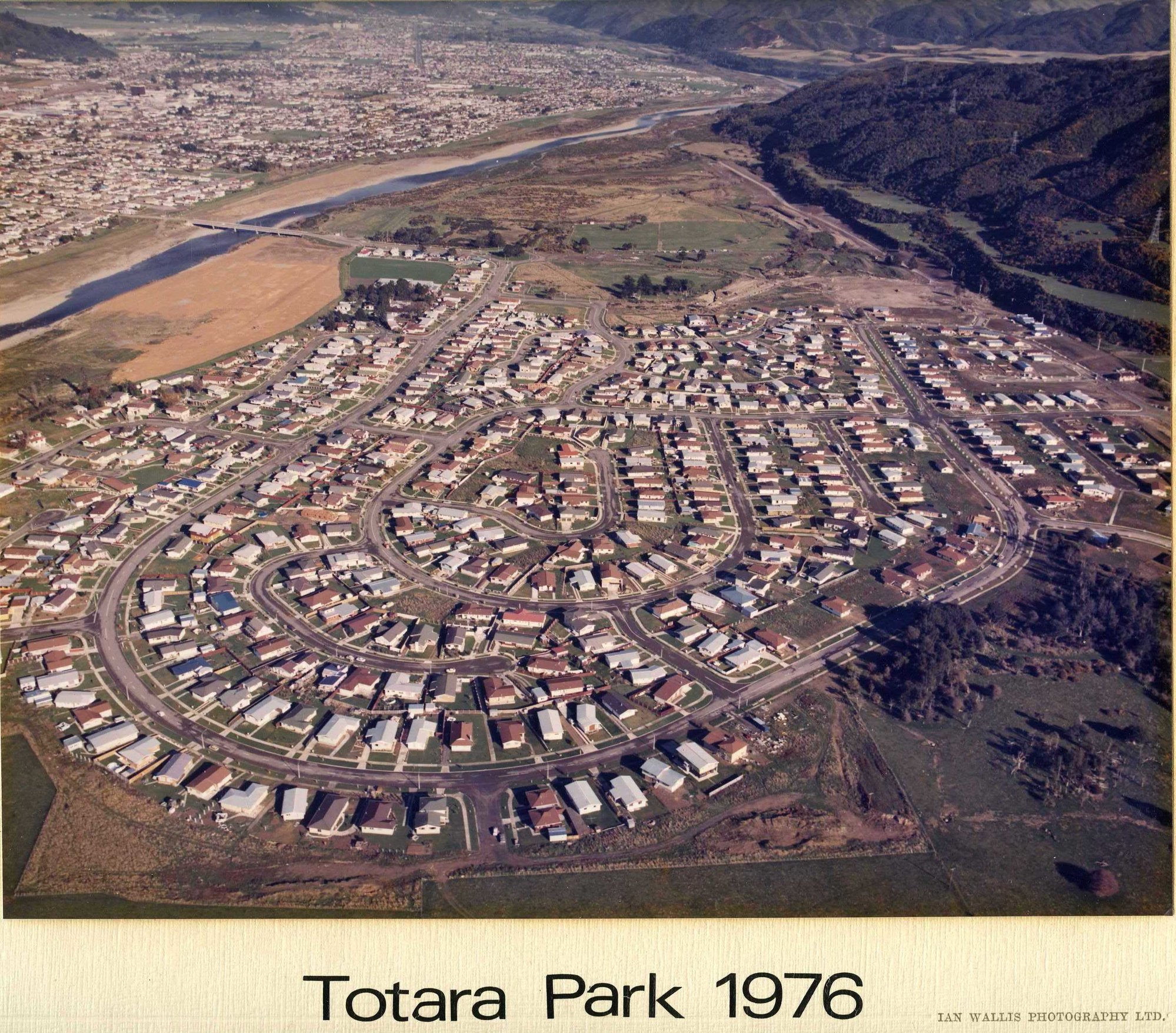 Aerial view, Totara Park, 1976, looking south-west; development progressing.