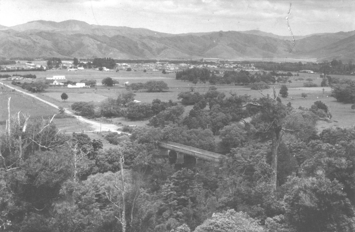 Moonshine bridge 1 and Trentham, looking southwest from the hills above.