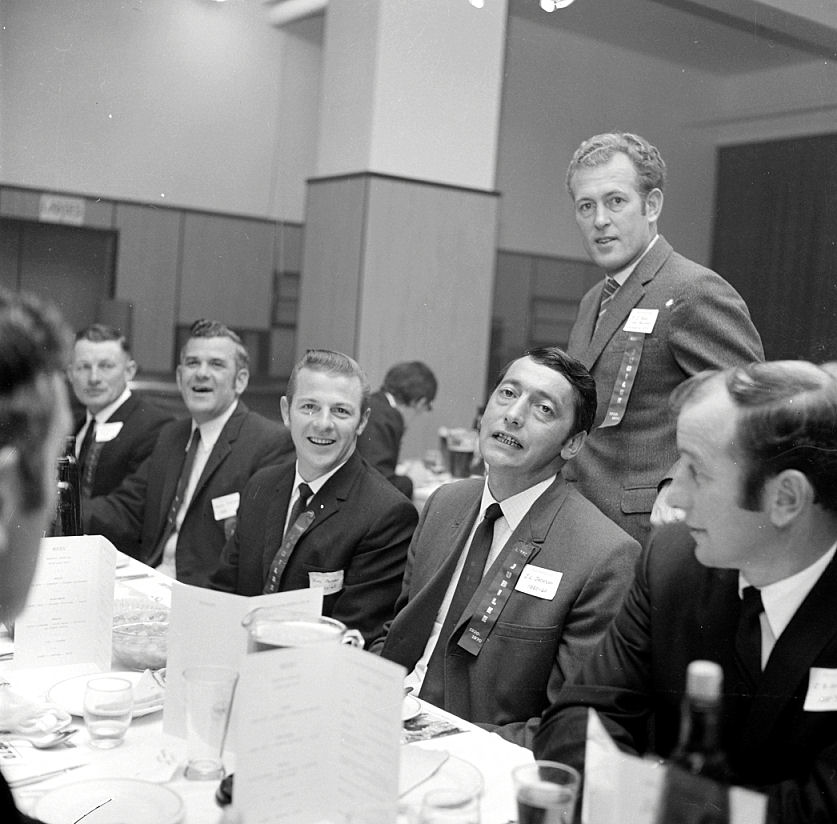 Upper Hutt Rugby Club jubilee dinner group; Ricky Priddle, Fabian Stewart identified.