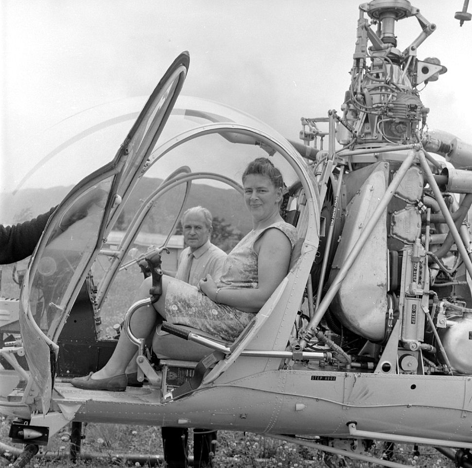 Peter Klocek and Hiller H12 helicopter.